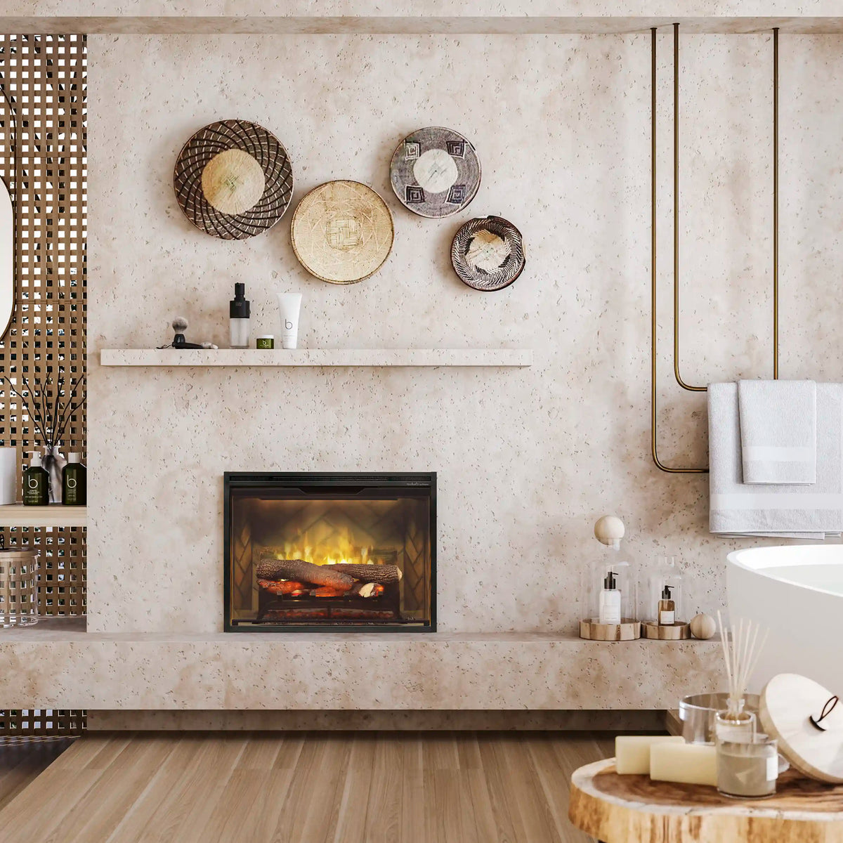 Built-in electric fireplace insert in stone surround with glowing log flame