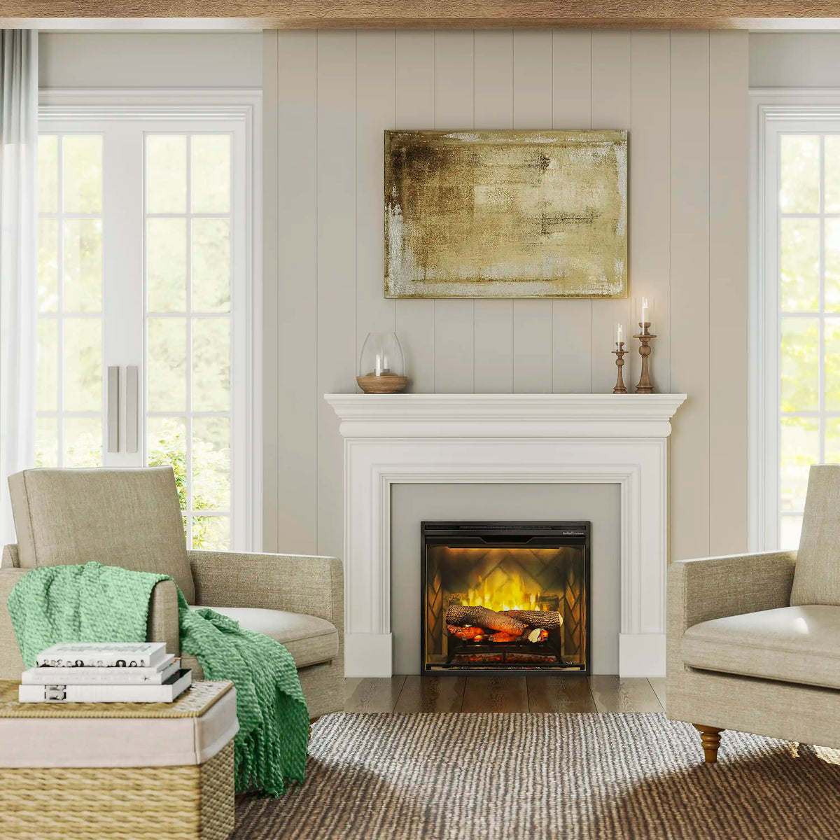Built-in electric fireplace insert in white mantel with glowing log flame