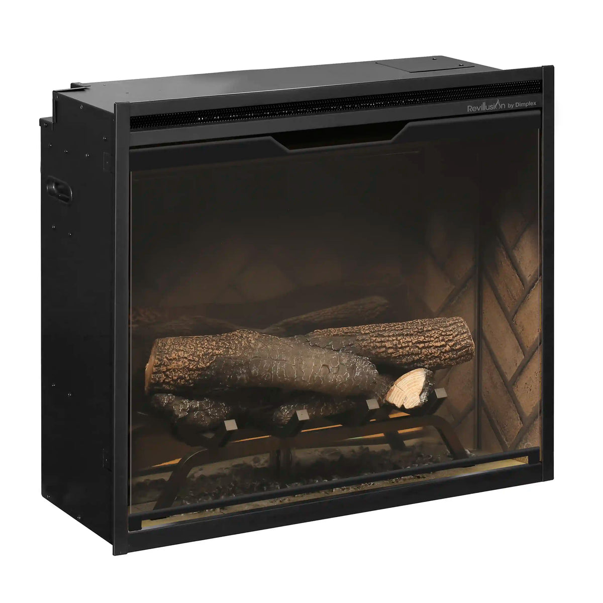 Built-in electric fireplace insert cabinet with glass front and glowing log flame