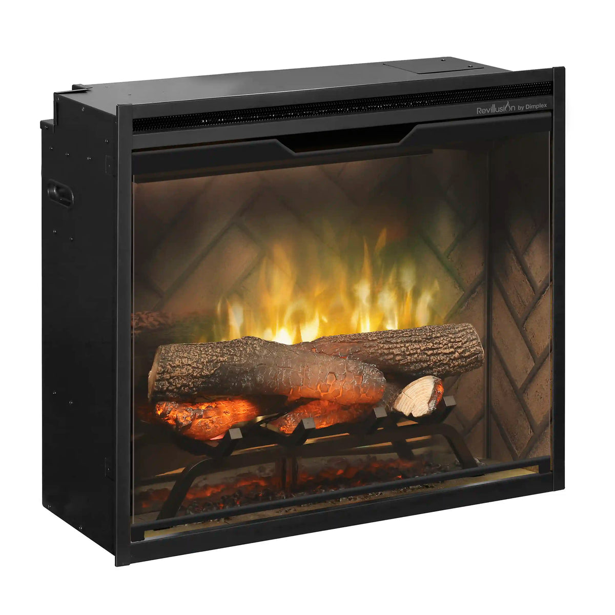 Built-in electric fireplace insert cabinet with glass front and bright log flames