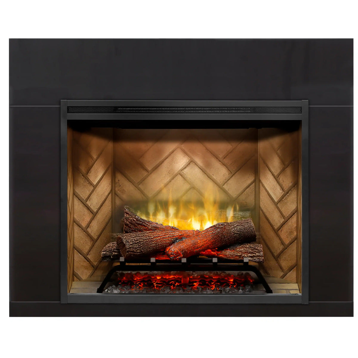 Black fireplace installation trim surround with glass panel and glowing firebed