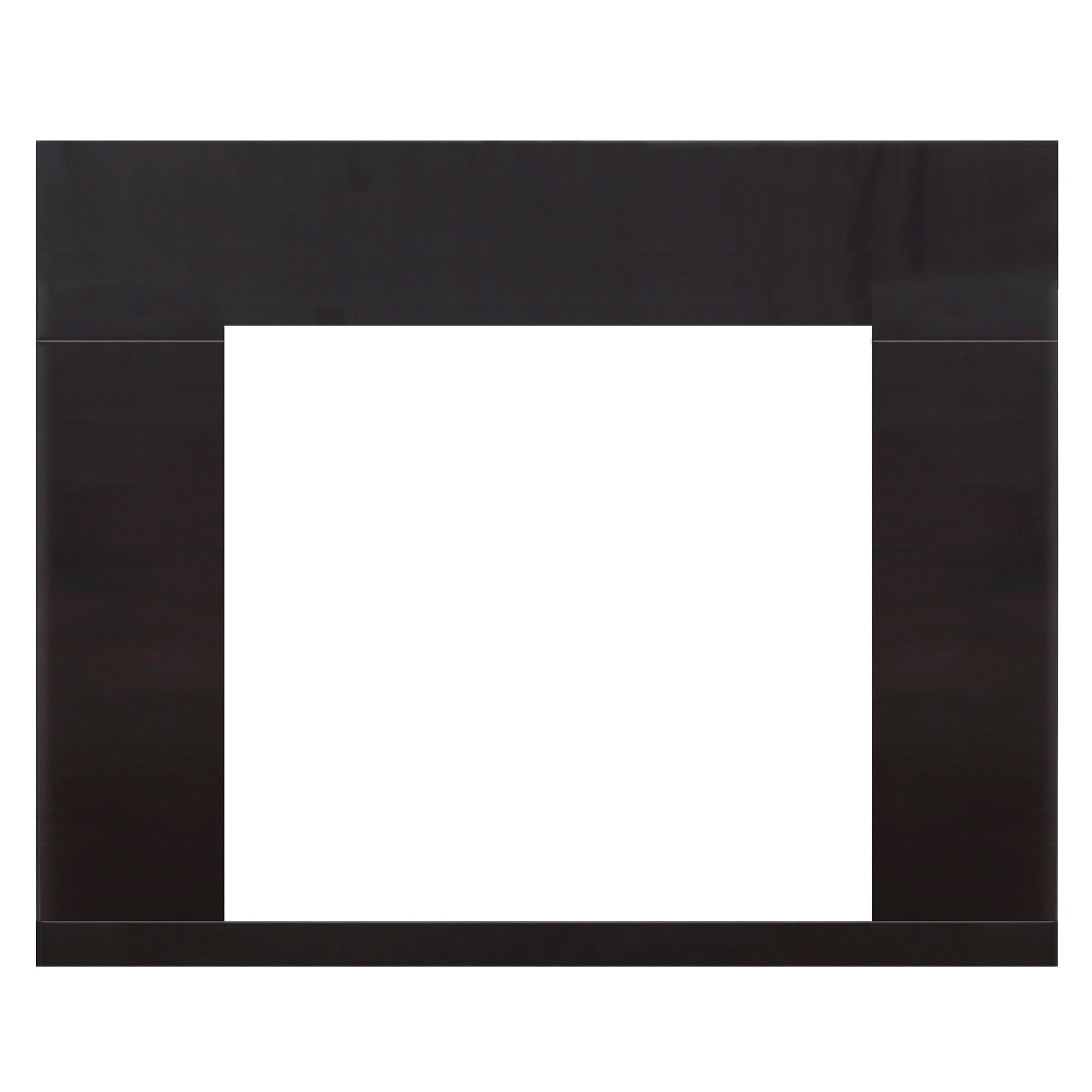 Black fireplace installation trim with open center, square surround panel