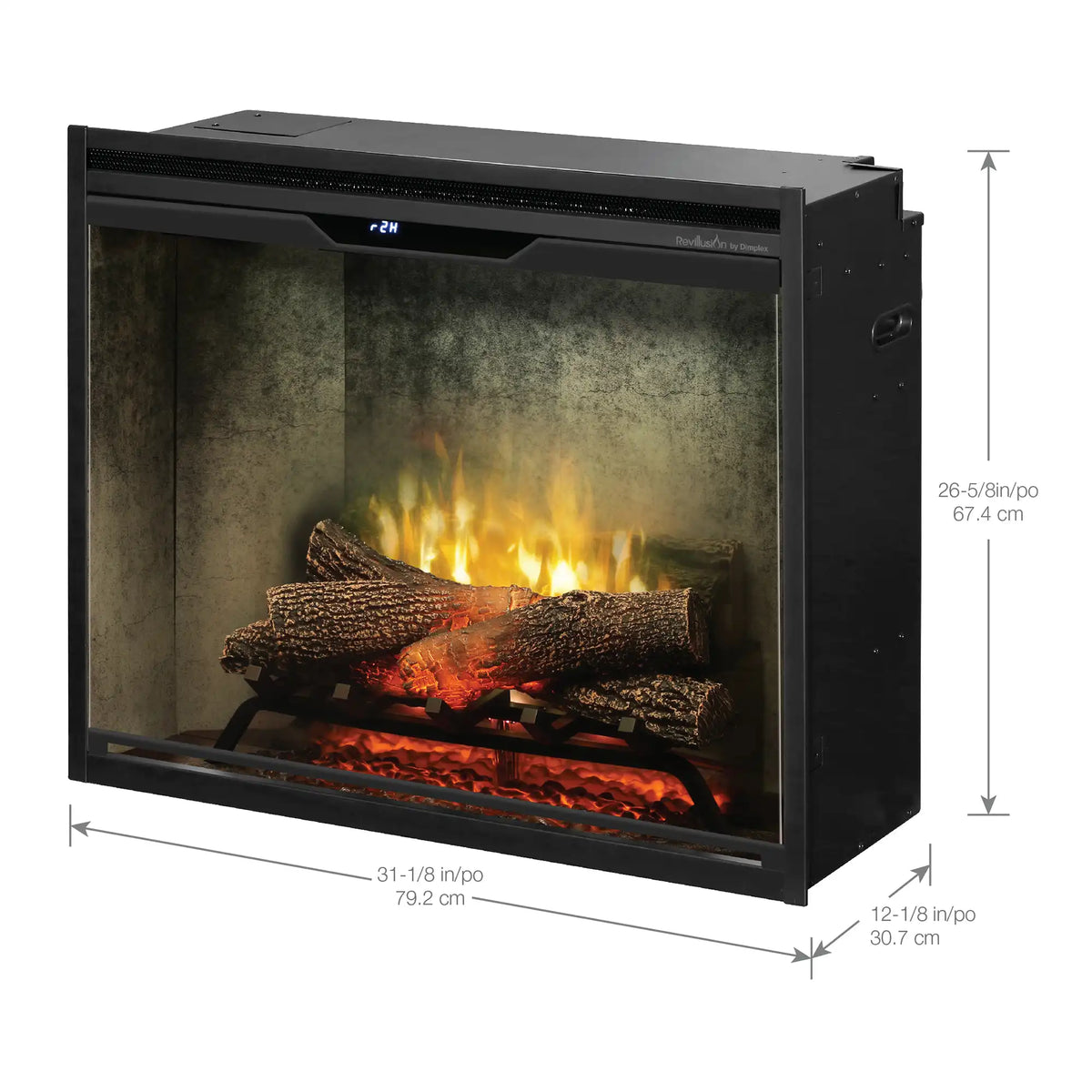 Built-in electric firebox front view with flame display and black metal frame