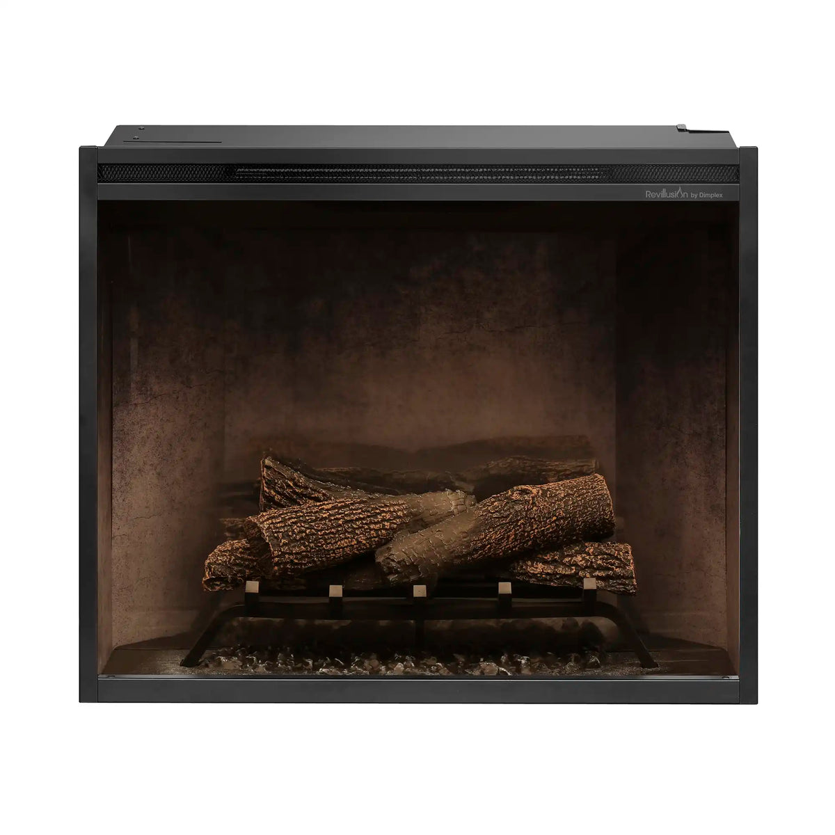 30-inch electric firebox with faux logs and dark fire bed, front view unlit