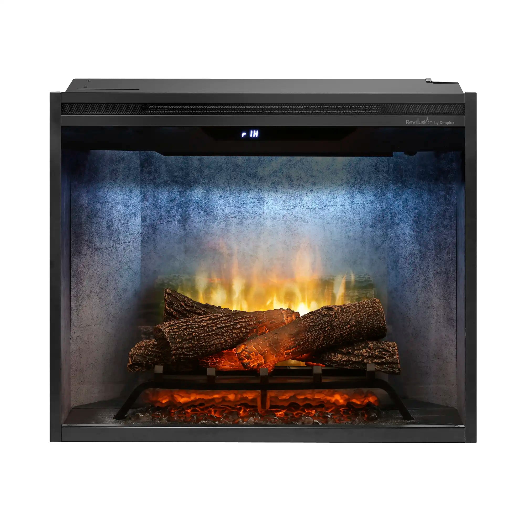 30-inch electric firebox with glowing flames and faux logs, front view