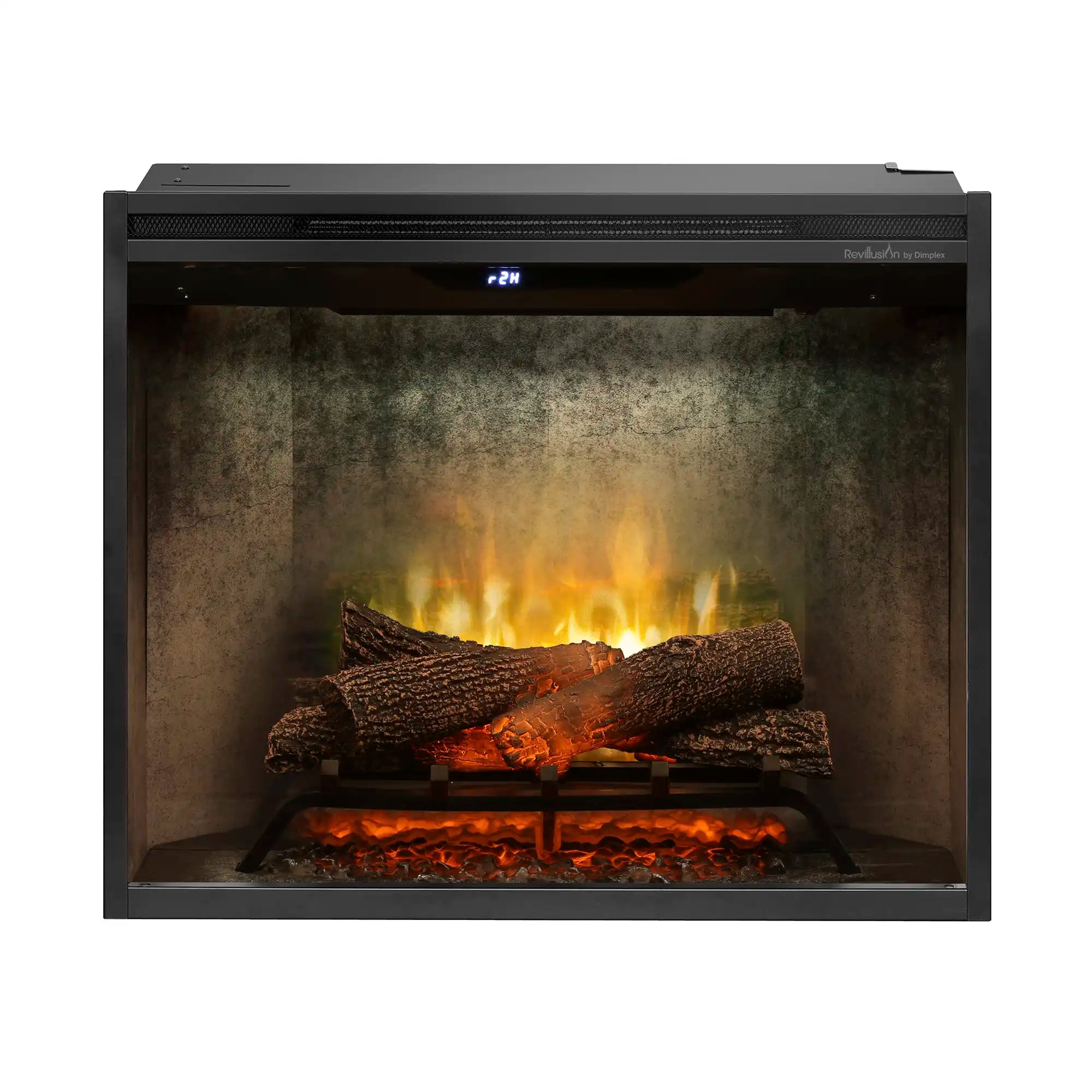 30-inch electric firebox with bright flames and faux logs, front view
