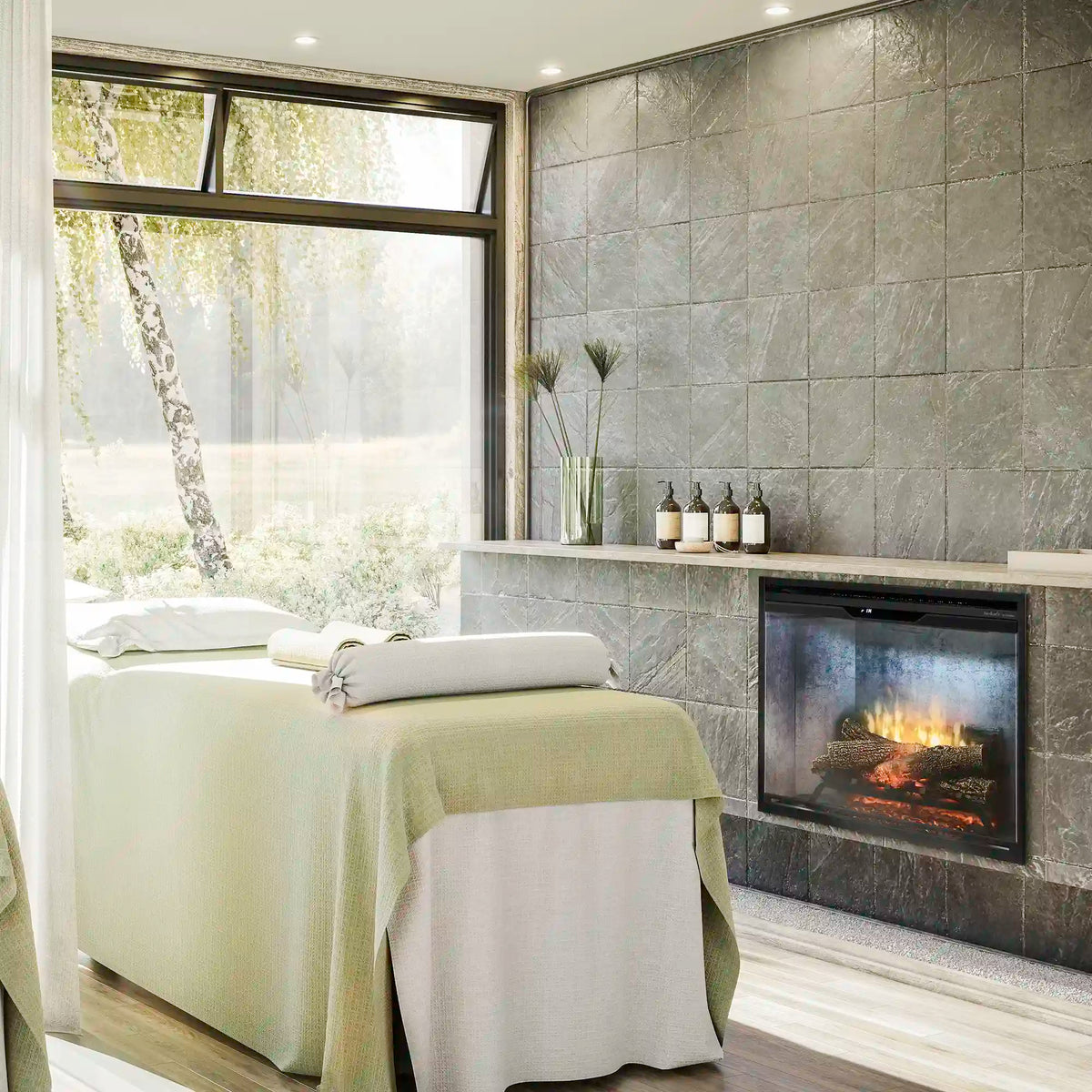 Wall-mounted electric firebox with flames and faux logs beside seating area