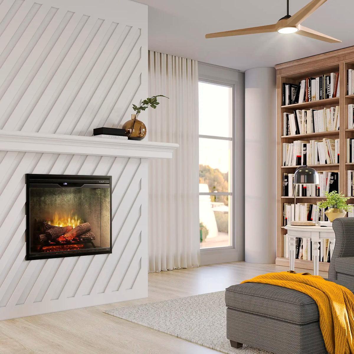 Inset electric firebox with flames and faux logs in a white shiplap wall