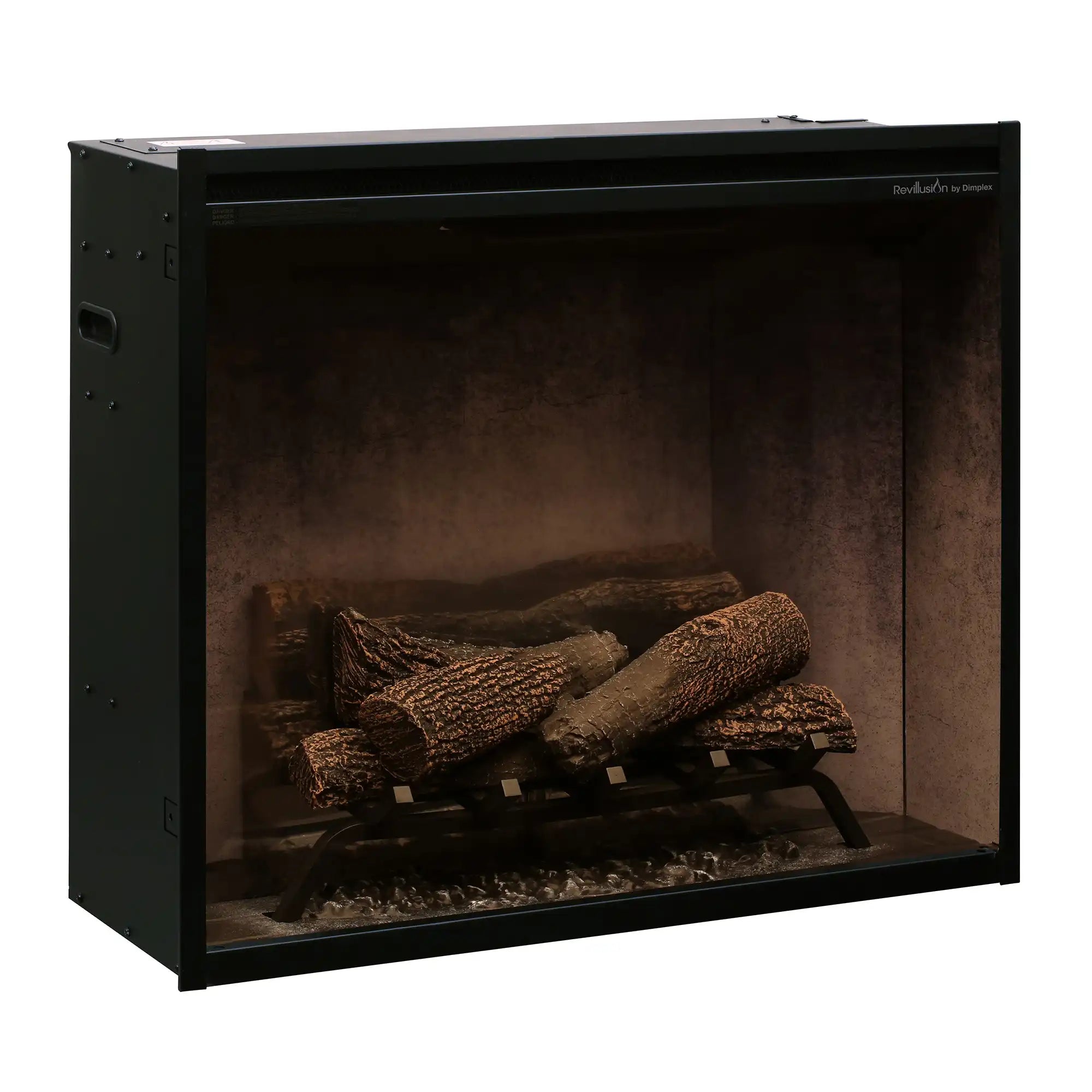 Electric firebox in open frame with faux logs and dark fire bed, side view
