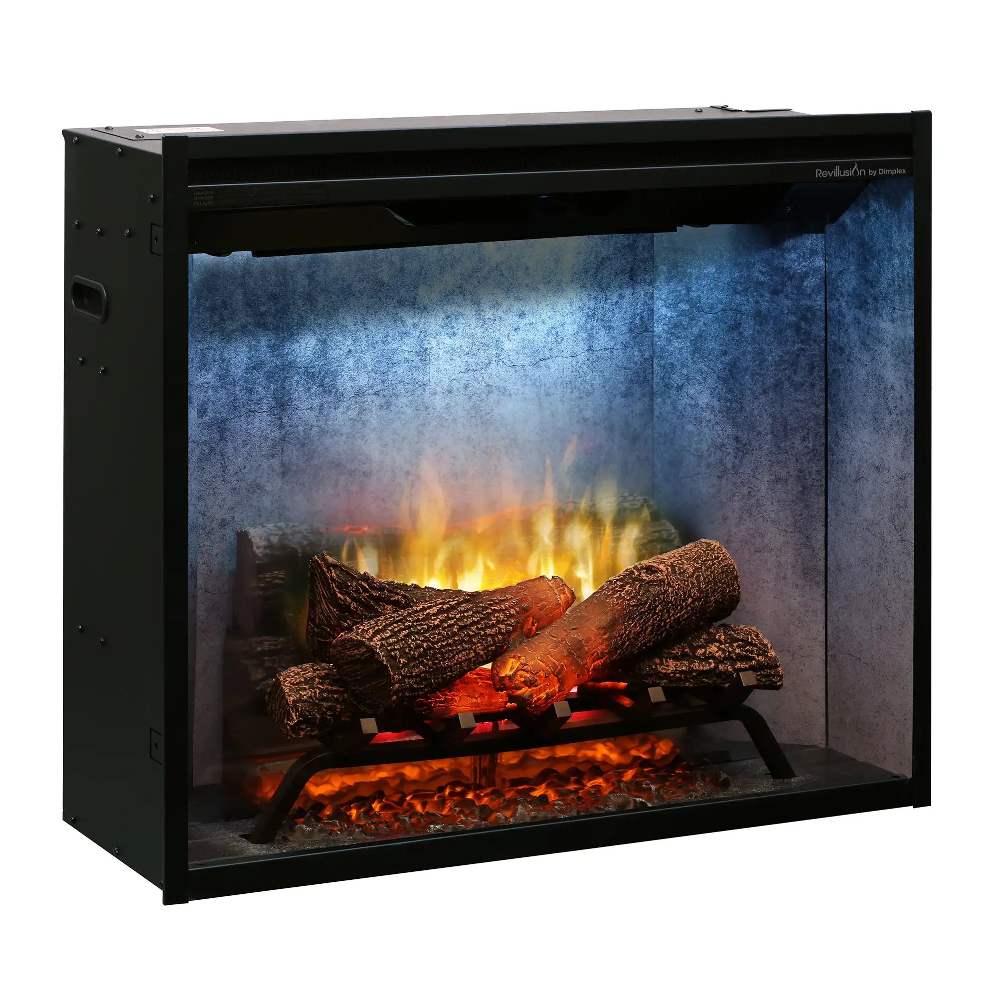 Electric firebox with yellow-orange flames and faux logs, glass front