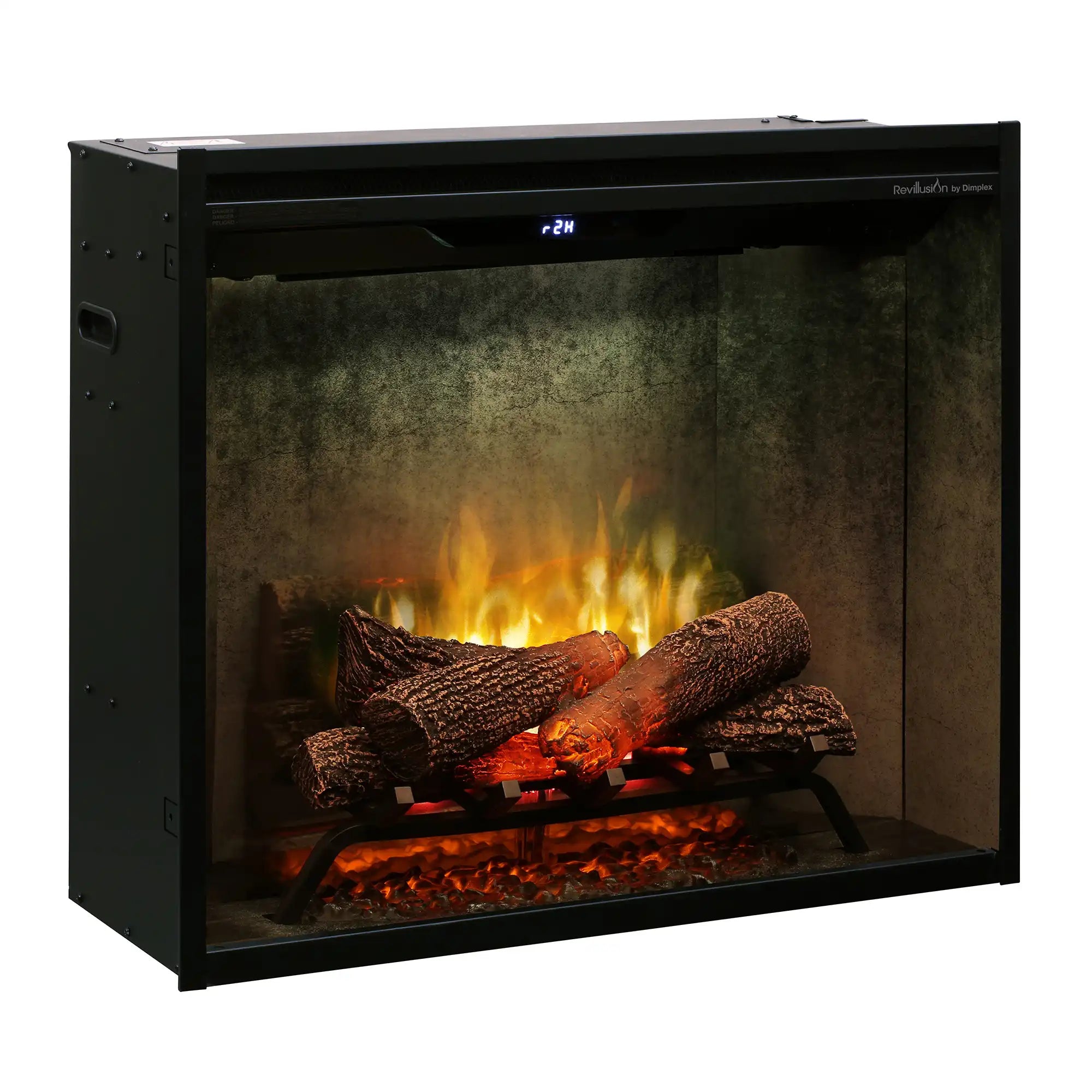 Electric firebox with bright flames over faux logs, open frame view