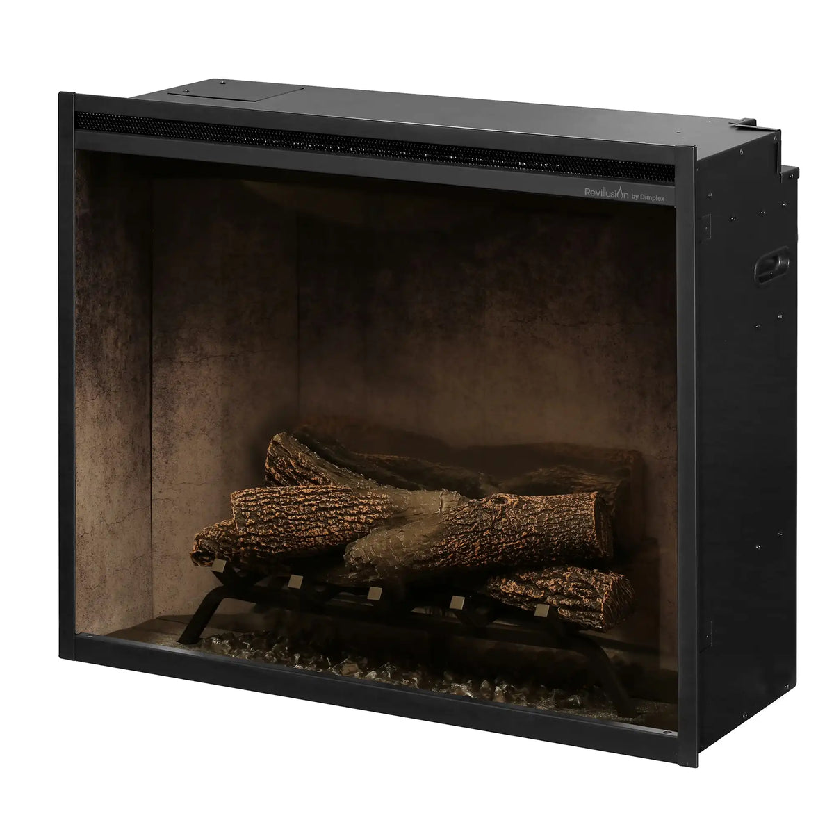 Built-in electric firebox with weathered concrete-style interior and black metal frame