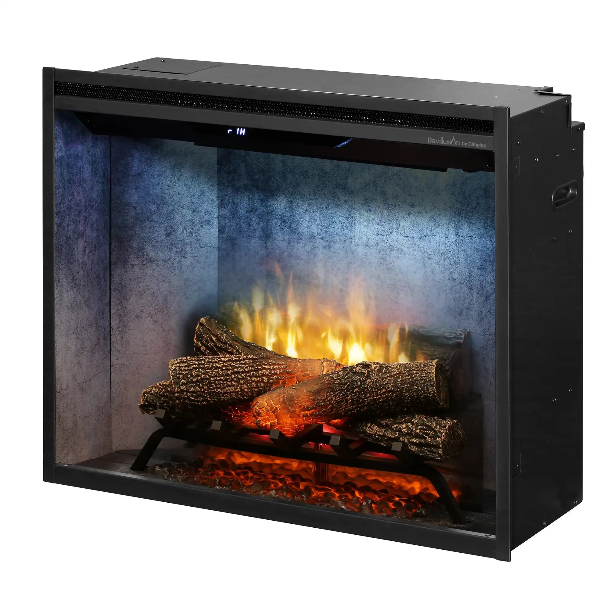 Built-in electric firebox with glowing flame effect, logs on base, black metal frame