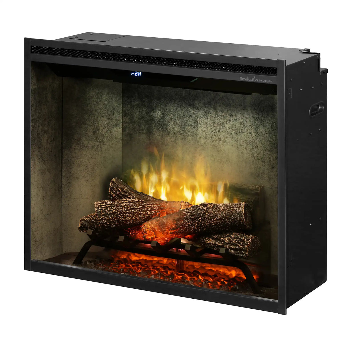 Built-in electric firebox with yellow-orange flames, dark log set, weathered concrete interior