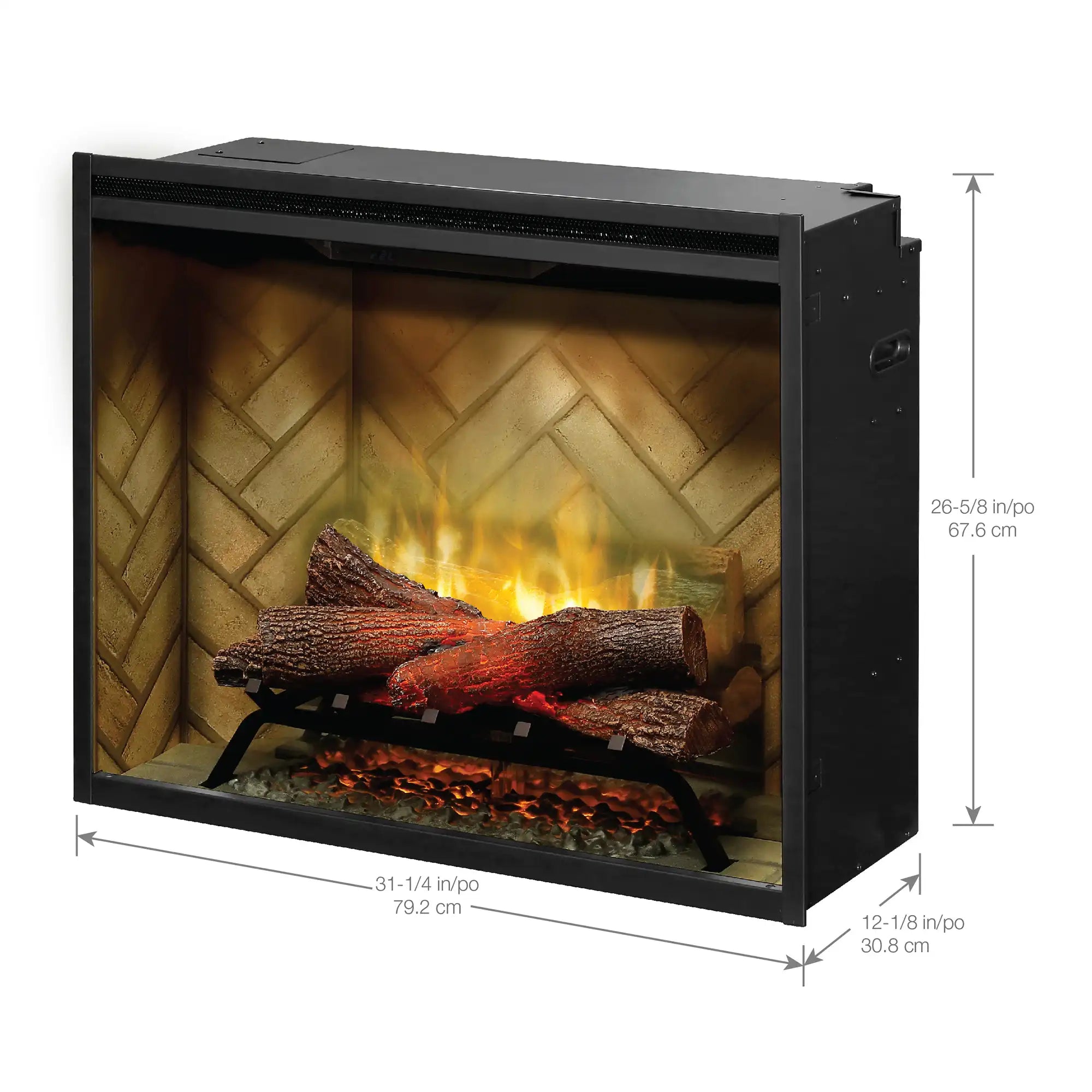 Black built-in electric firebox with glass front and burning log effect