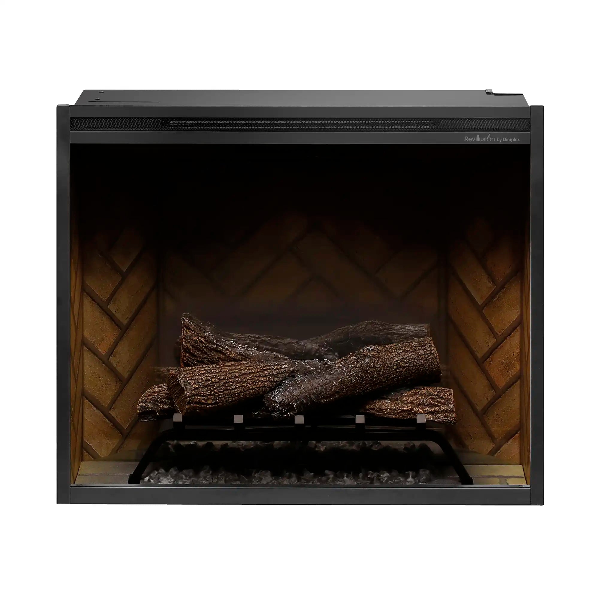 Black electric firebox with faux wood logs and ember bed display