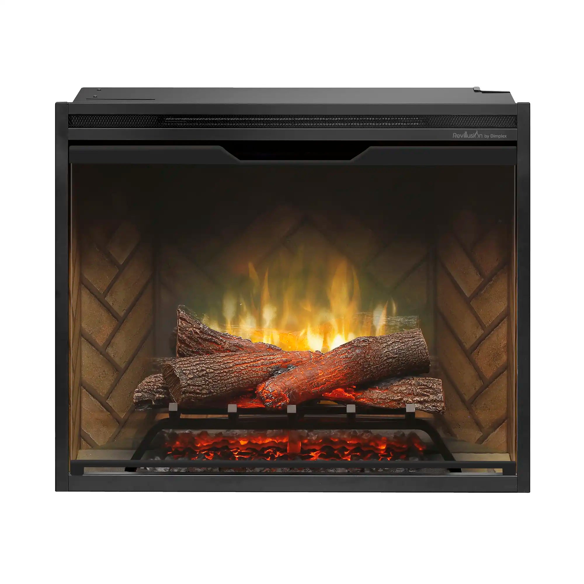Black electric firebox with faux wood logs and bright flame glow