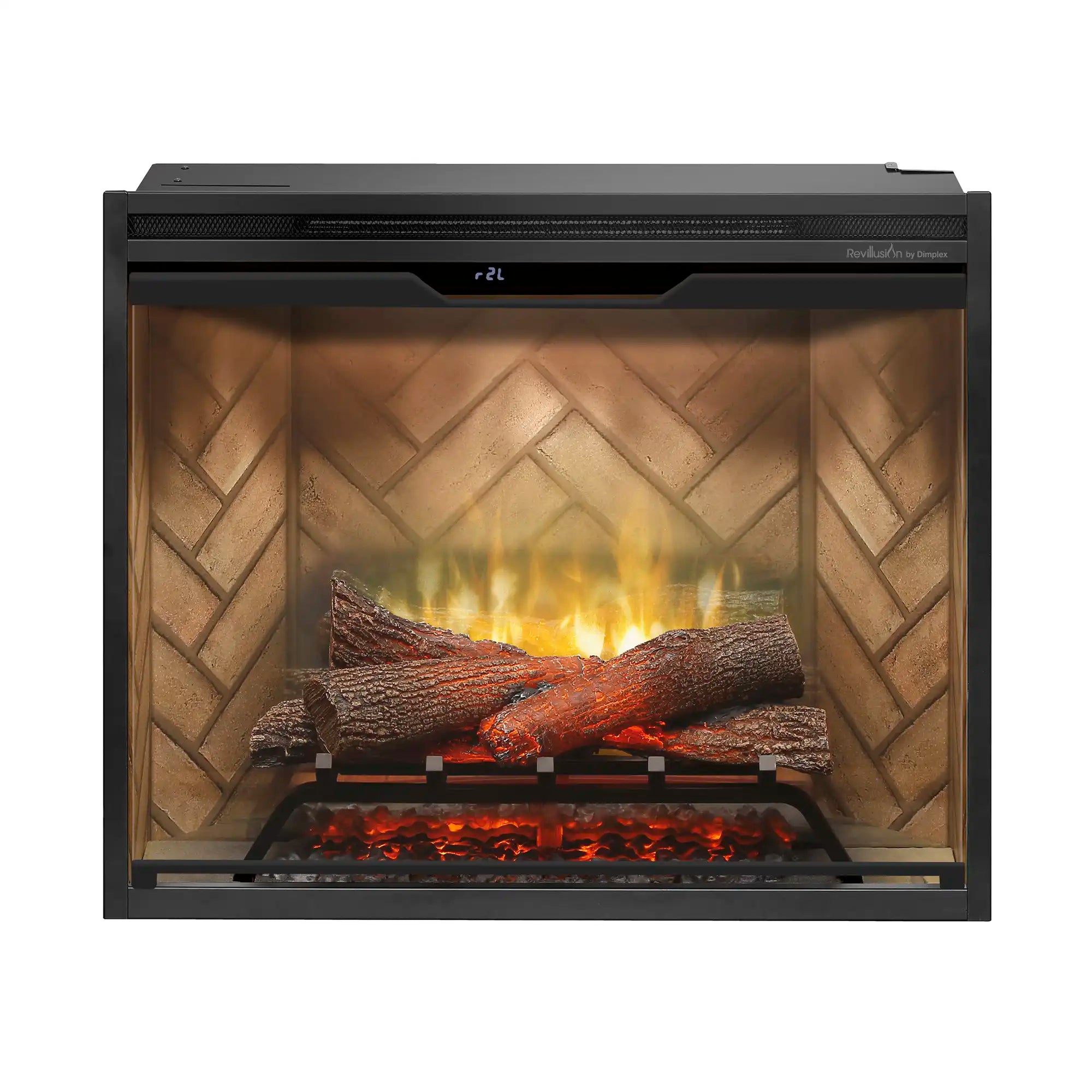 Built-in electric firebox with black front, flame glow, and stacked log effect