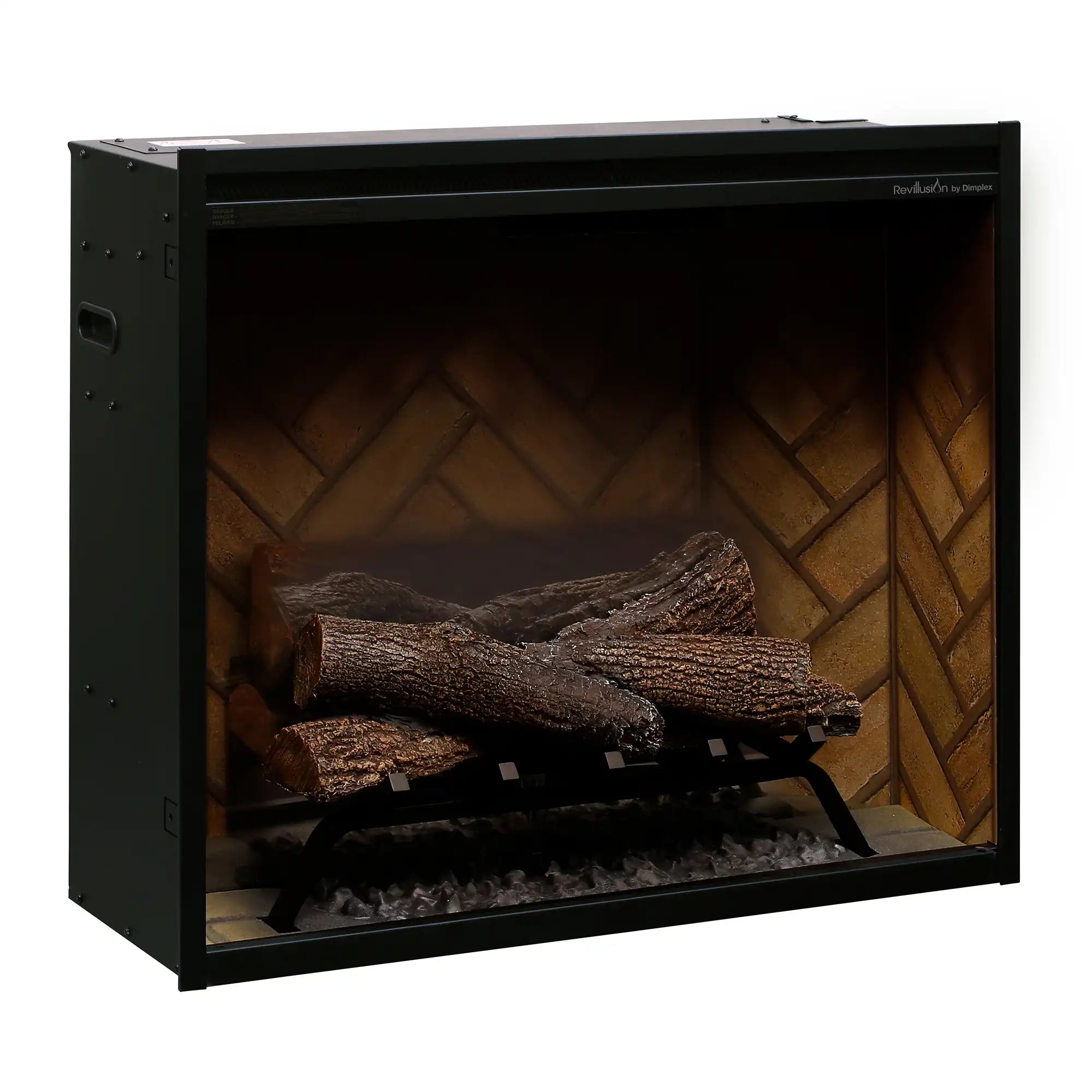 Built-in electric firebox side view with log-and-embers effect inside black frame