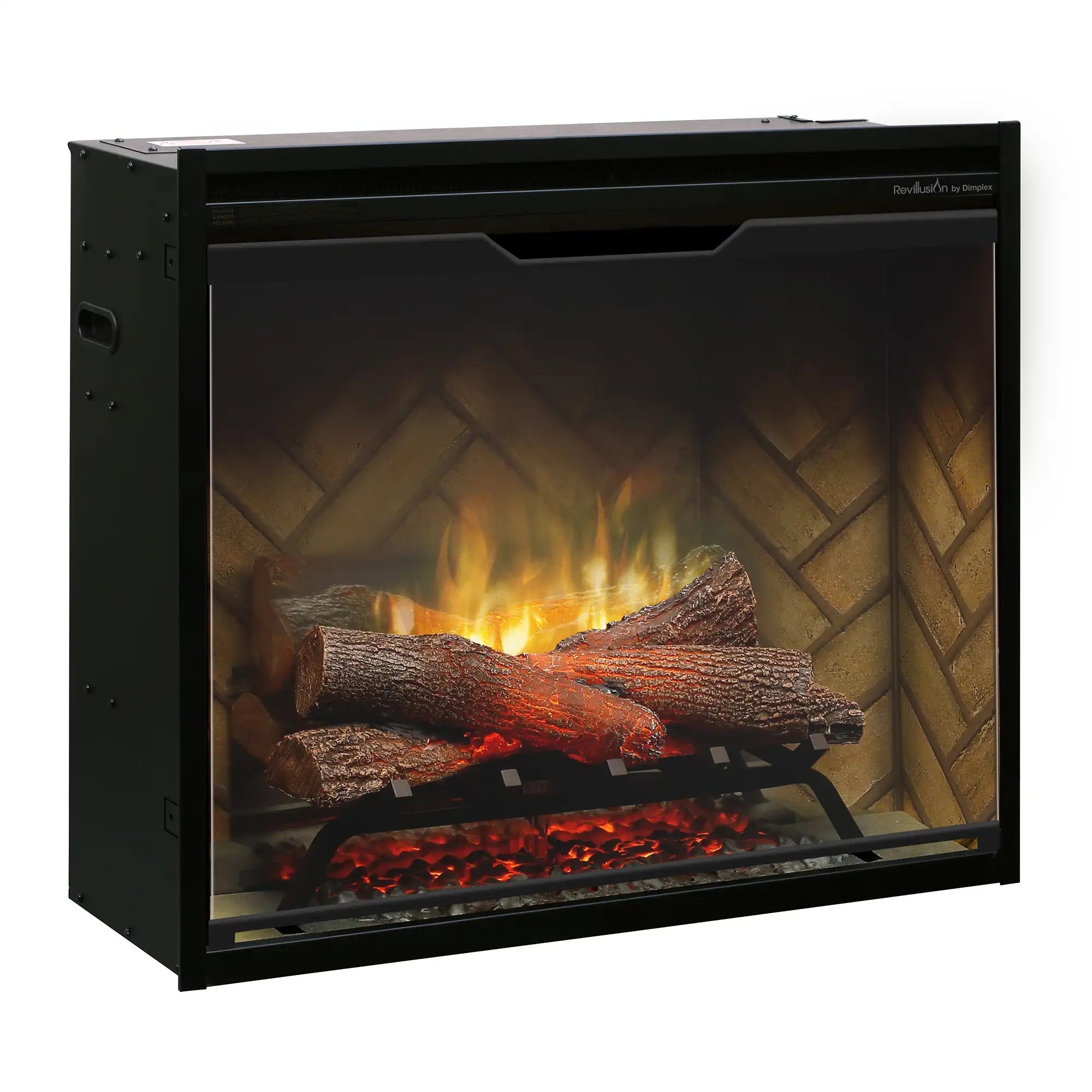 Built-in electric firebox angled view with bright flames and faux logs in firebox