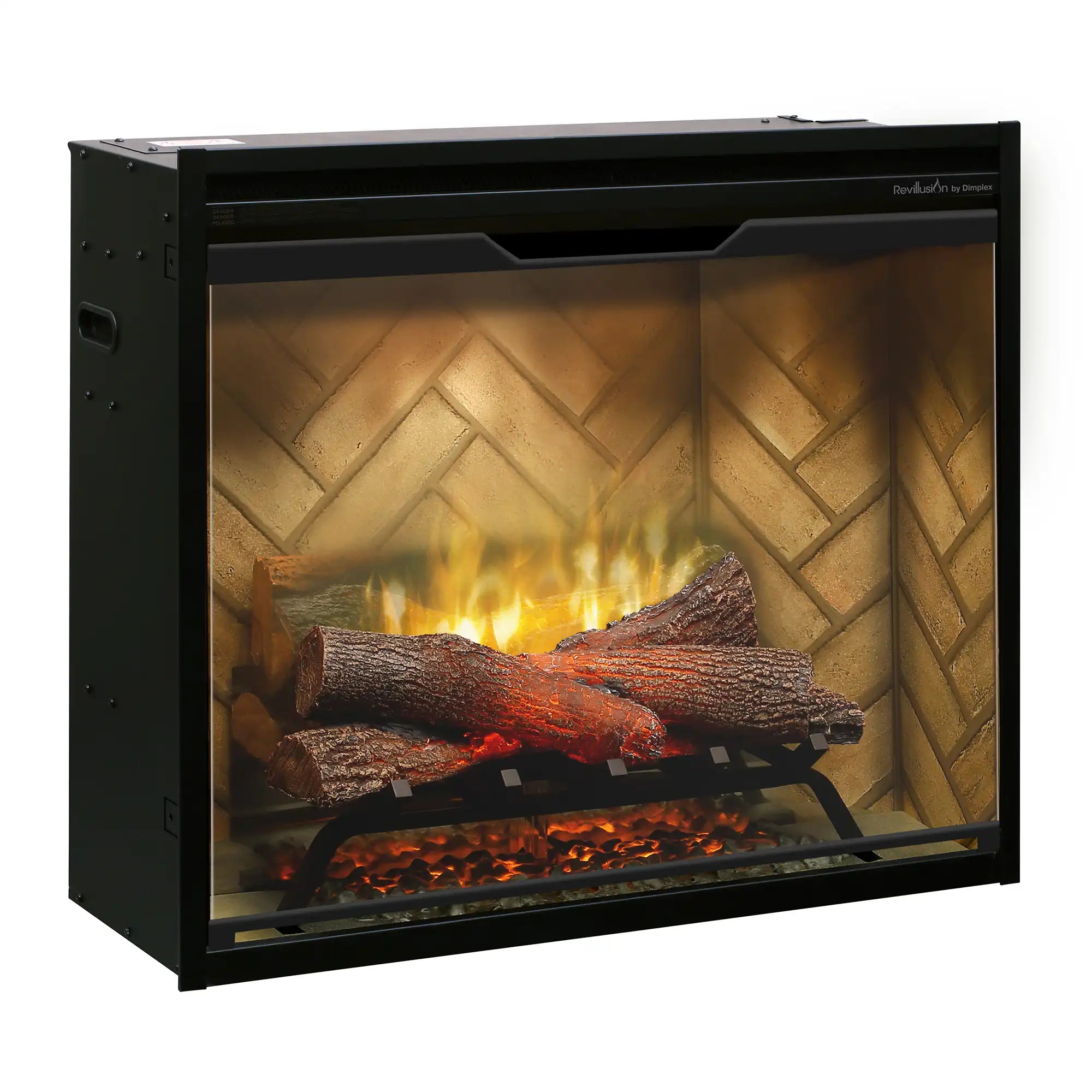 Built-in electric firebox angled view with glowing flames and faux log set