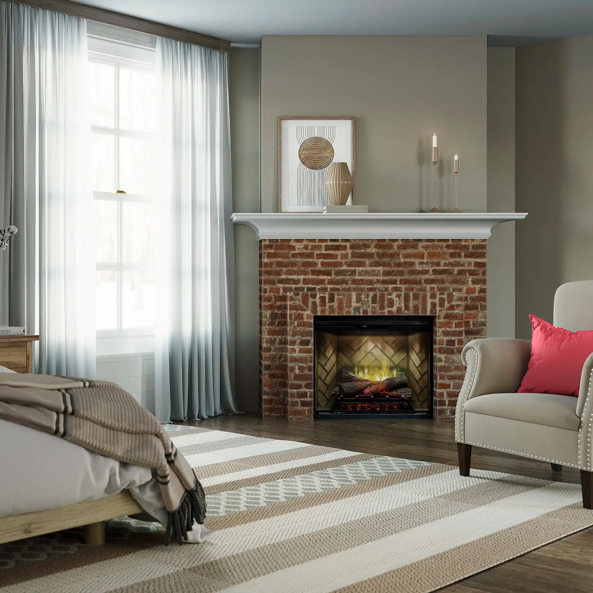 Built-in electric firebox with flame effect behind glass in brick fireplace
