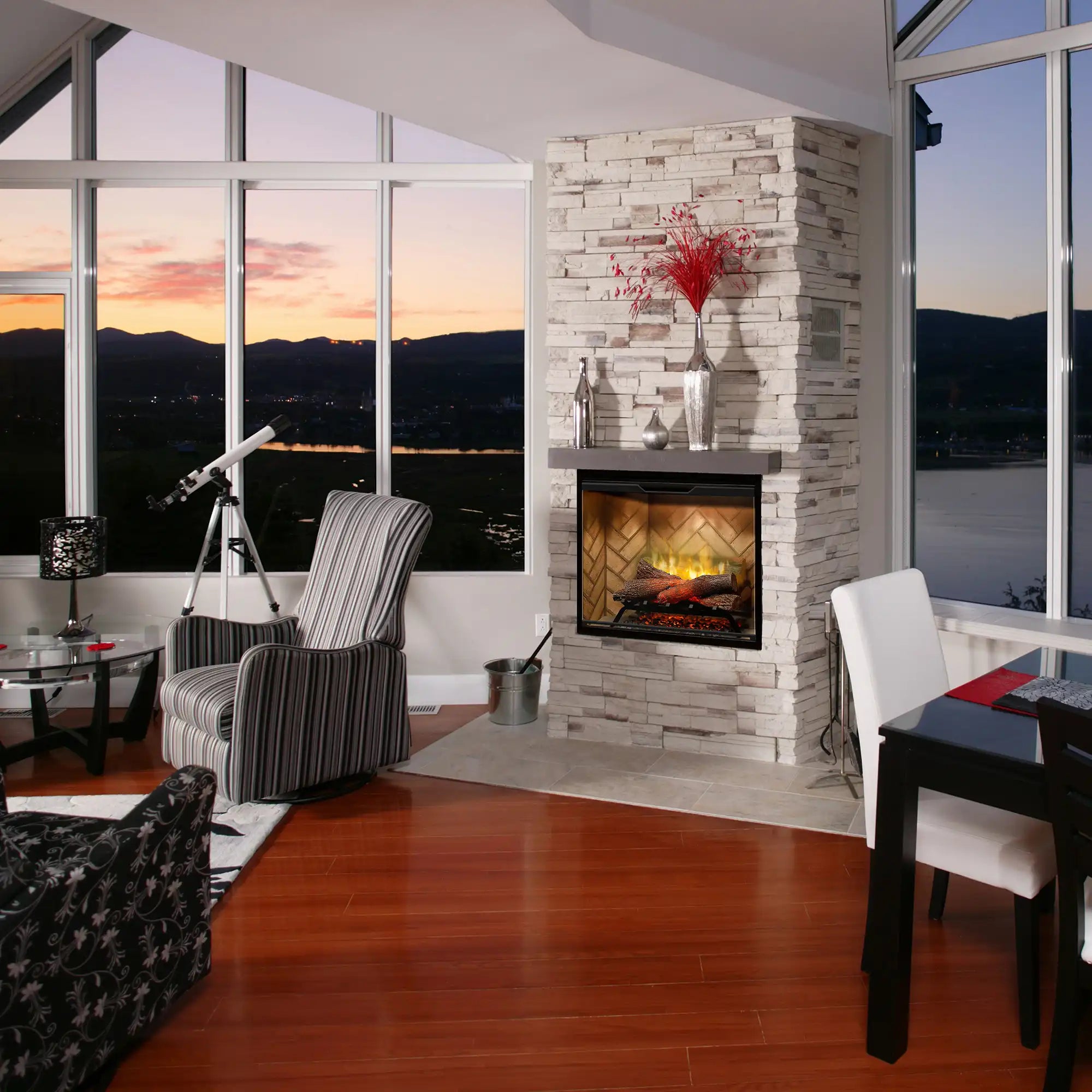 Built-in electric firebox in brick mantel with flame-and-log display