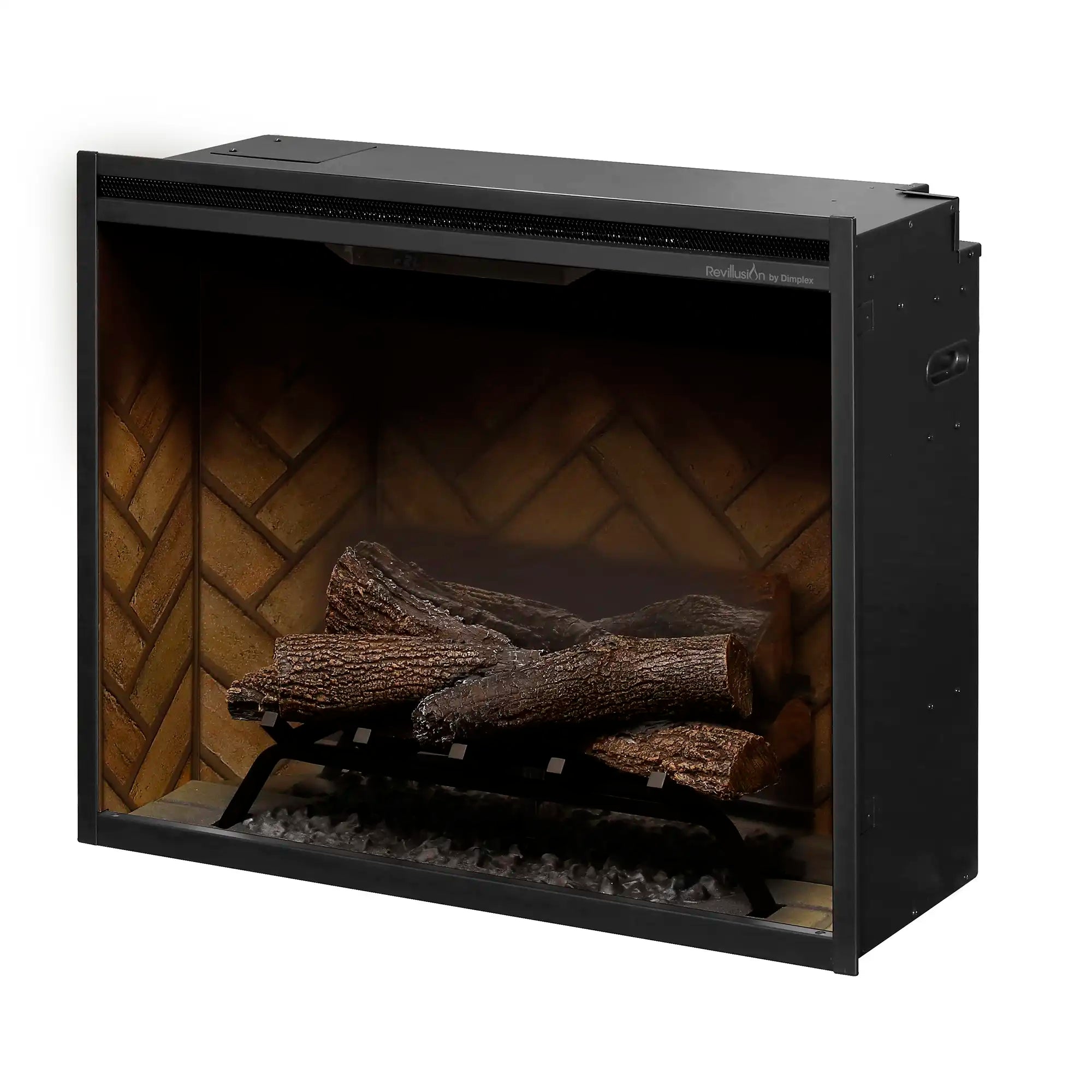 Built-in electric firebox with faux logs and dark ember bed behind glass