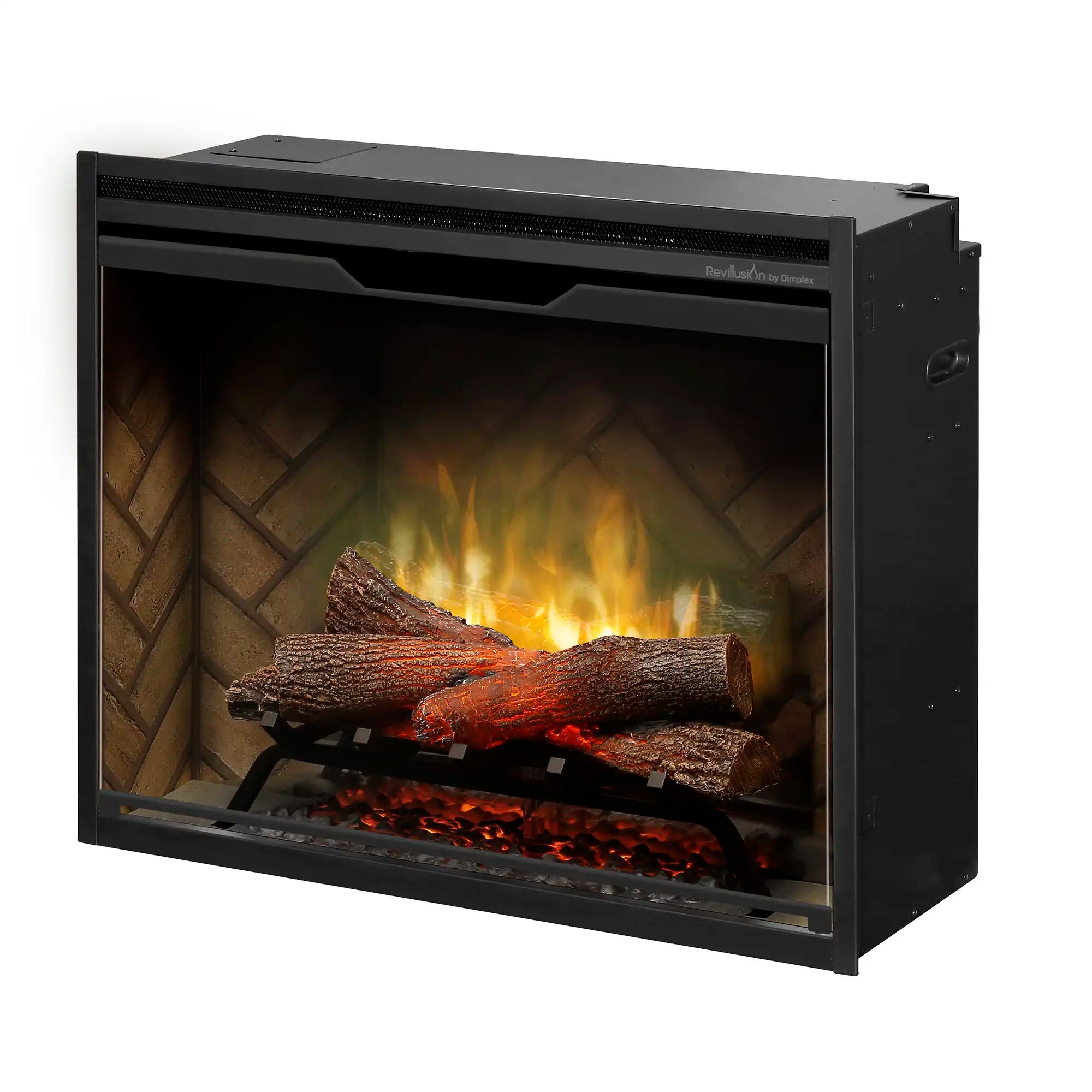 Built-in electric firebox front view with glowing flames and faux logs behind glass