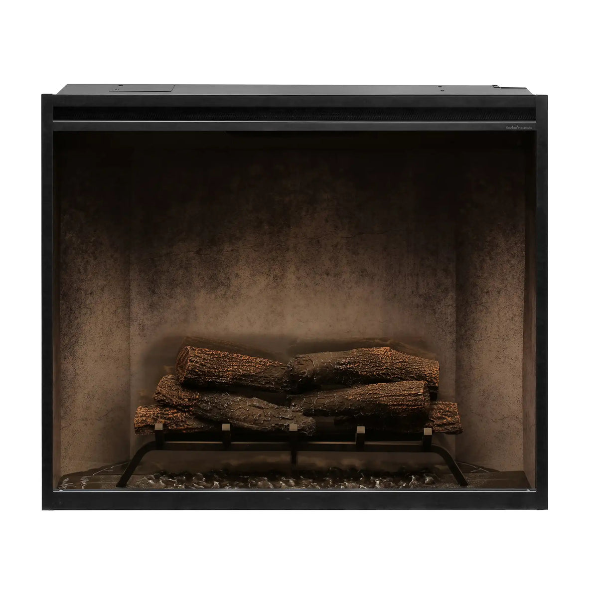 Built-in electric firebox with front glass, dark logs on glowing base, flames off