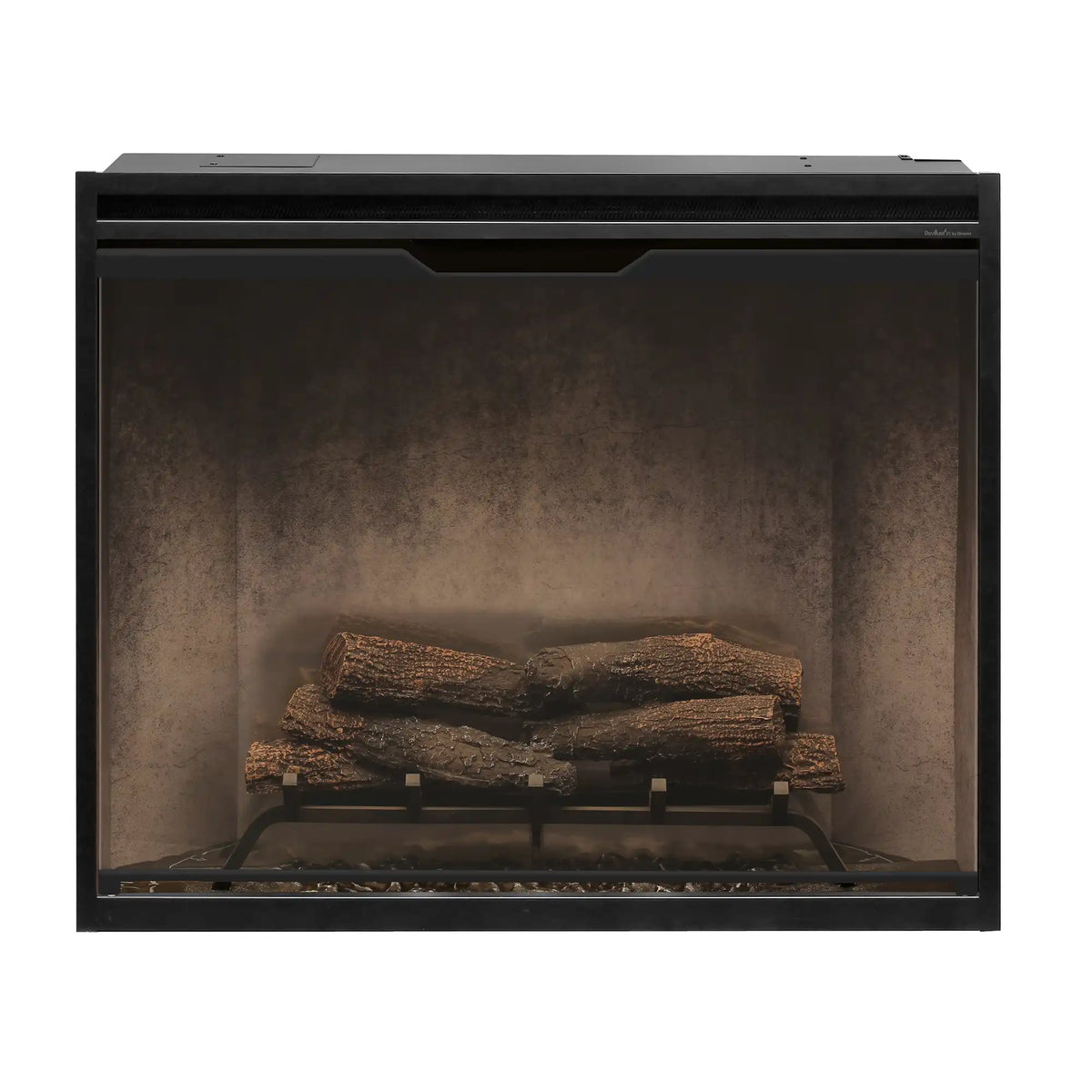 Portrait electric firebox with front glass and dark log set, flames off