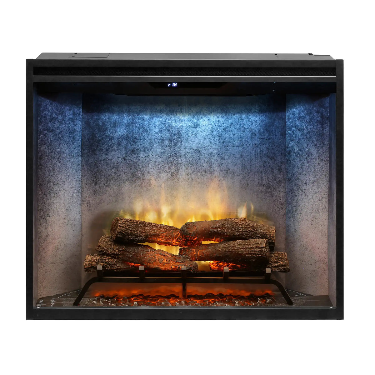 Portrait electric firebox with front glass showing burning logs and orange flame