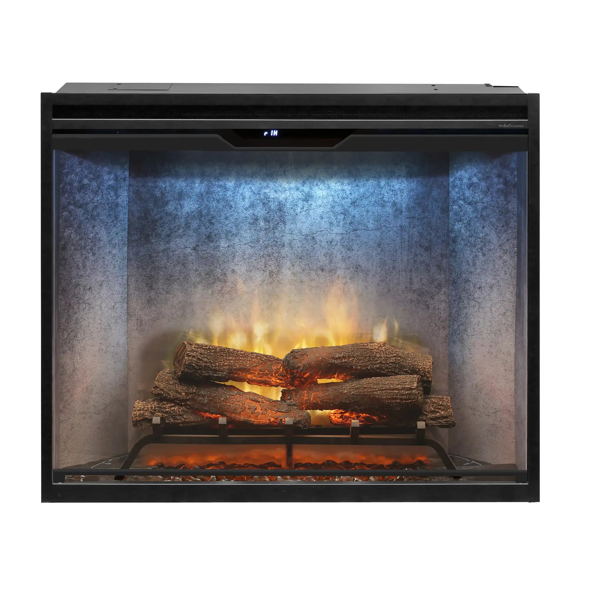 Built-in electric firebox with front glass and glowing logs, flames burning