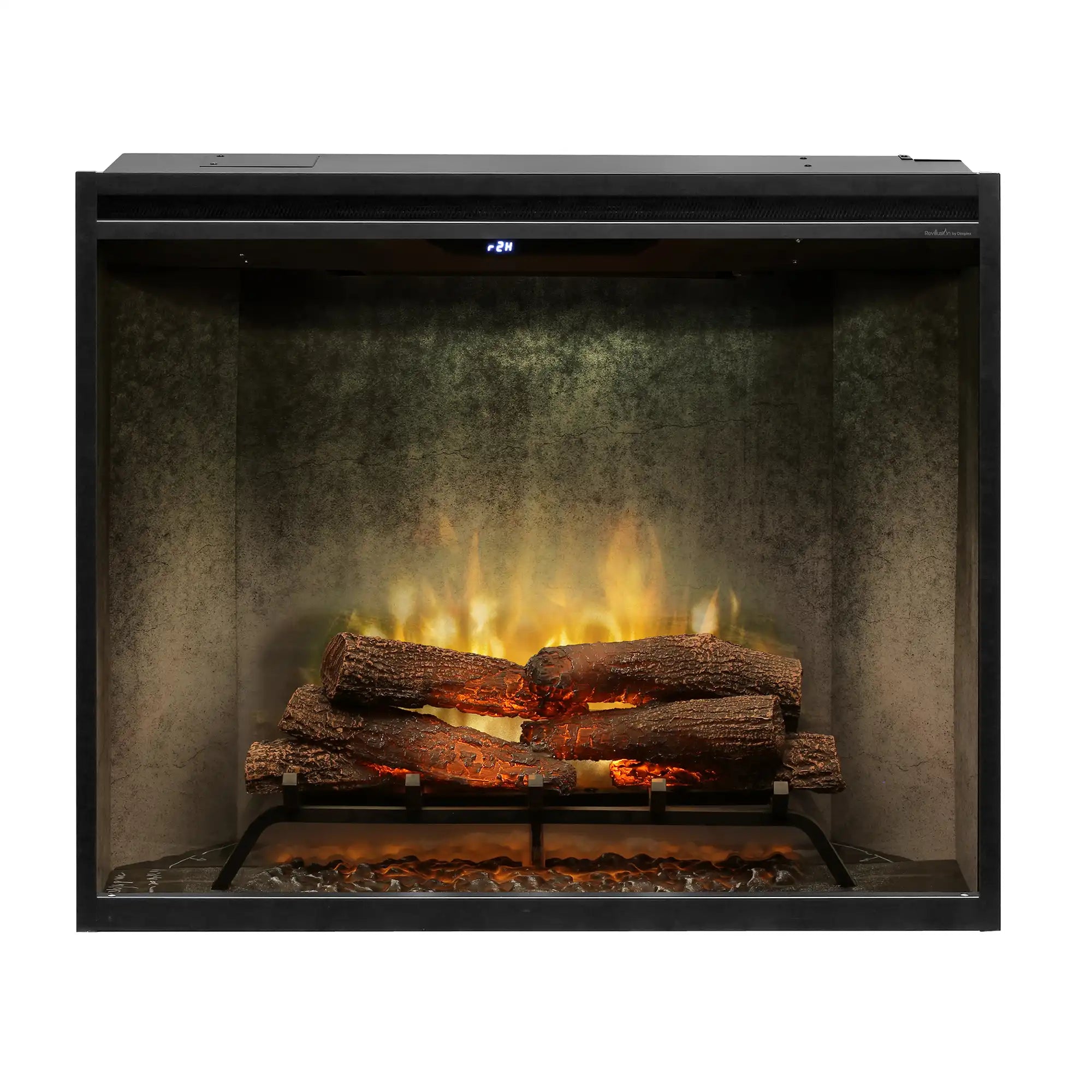 Built-in electric firebox with front glass and bright flames over log set