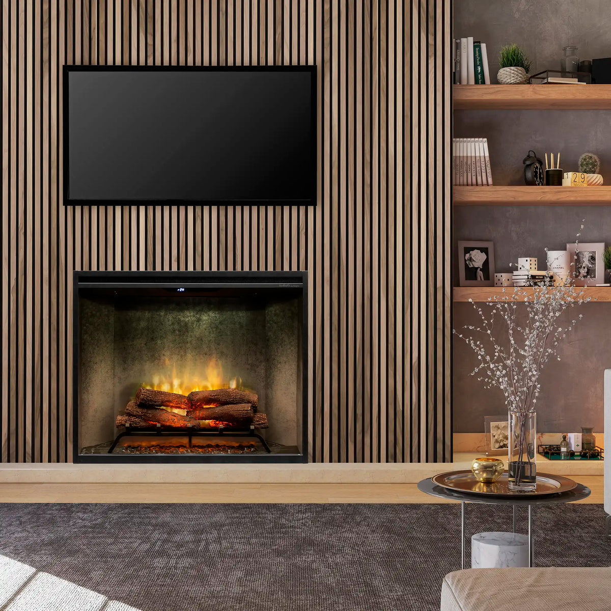 Built-in electric fireplace with front glass and warm flame display in wall opening