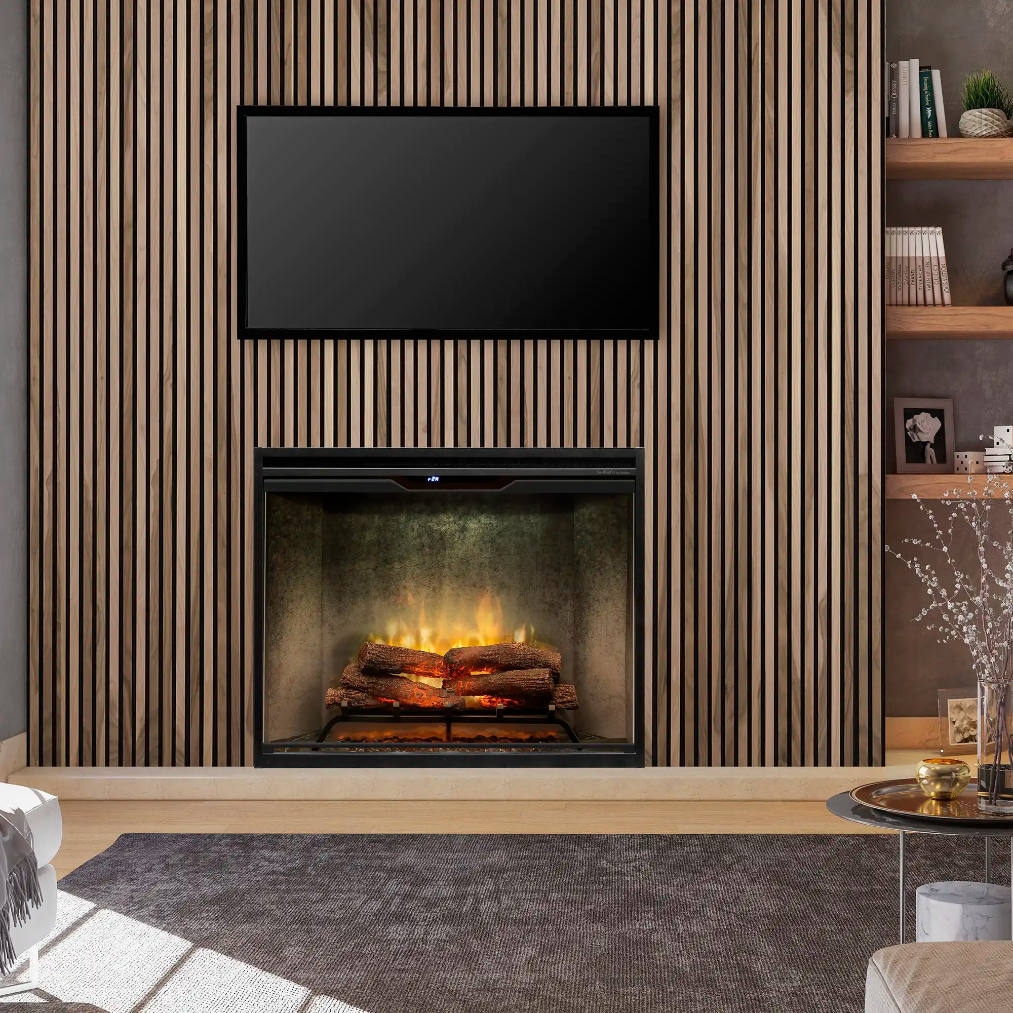 Built-in portrait electric fireplace with front glass, burning logs and ember glow