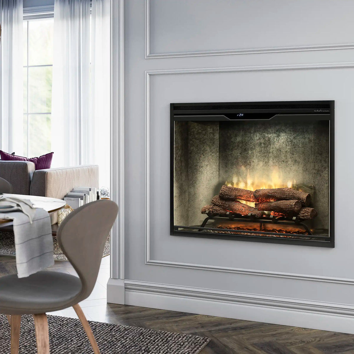 Electric fireplace insert with front glass, burning logs in a wall opening