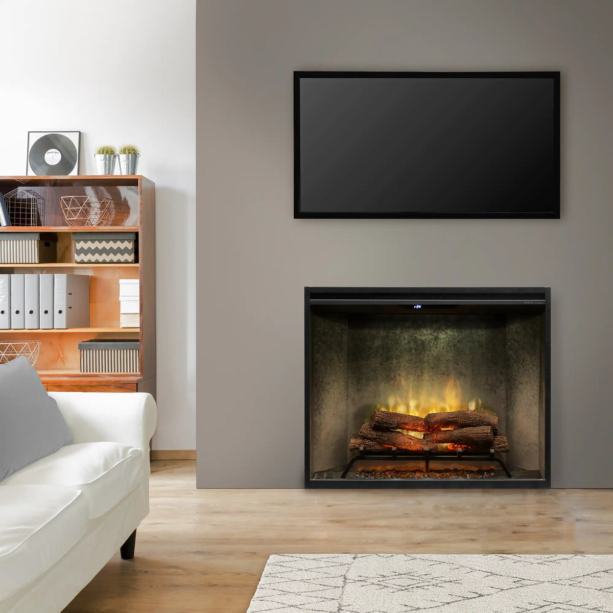 Built-in electric fireplace with front glass and burning log set, portrait design