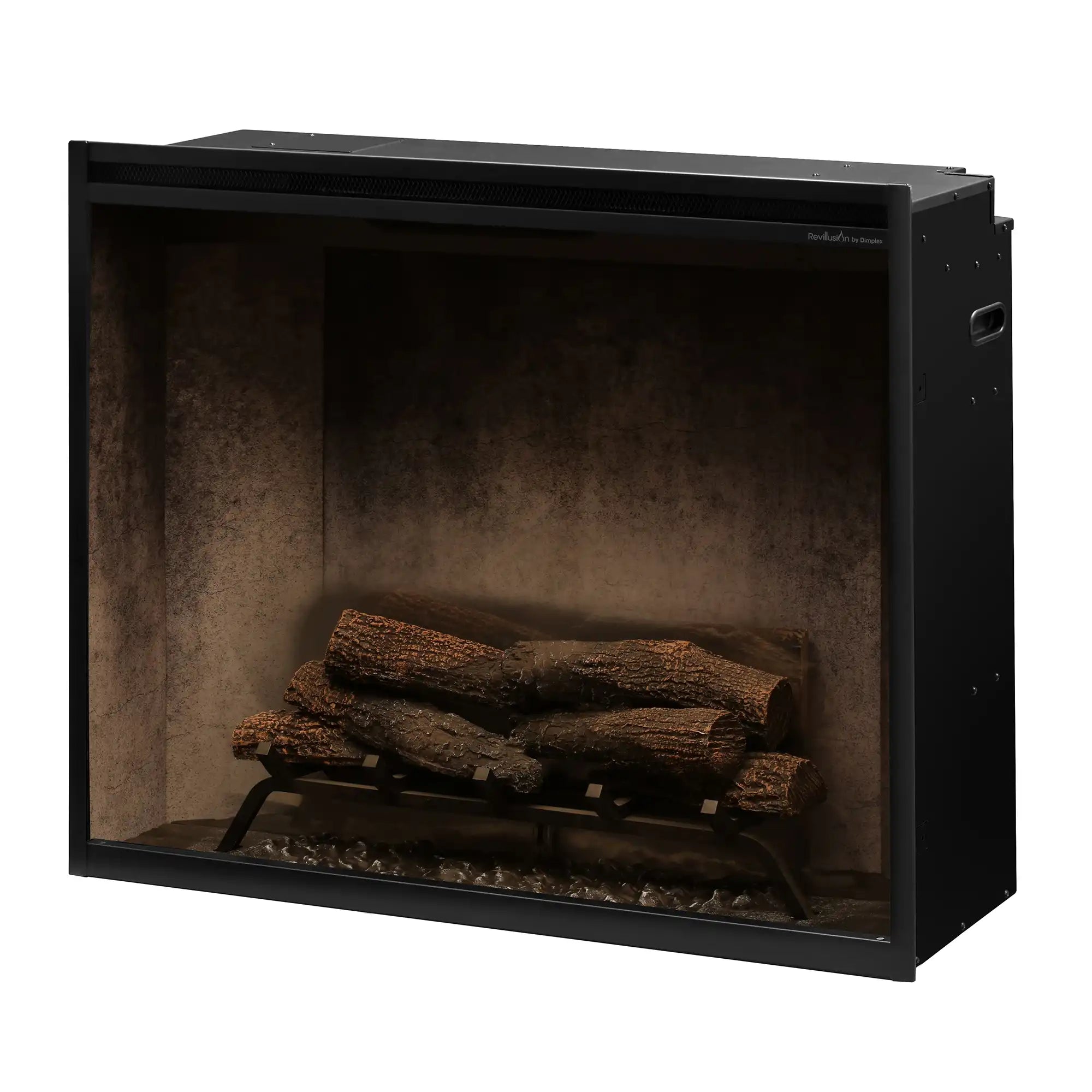 Black electric firebox with front glass viewing window and stacked logs