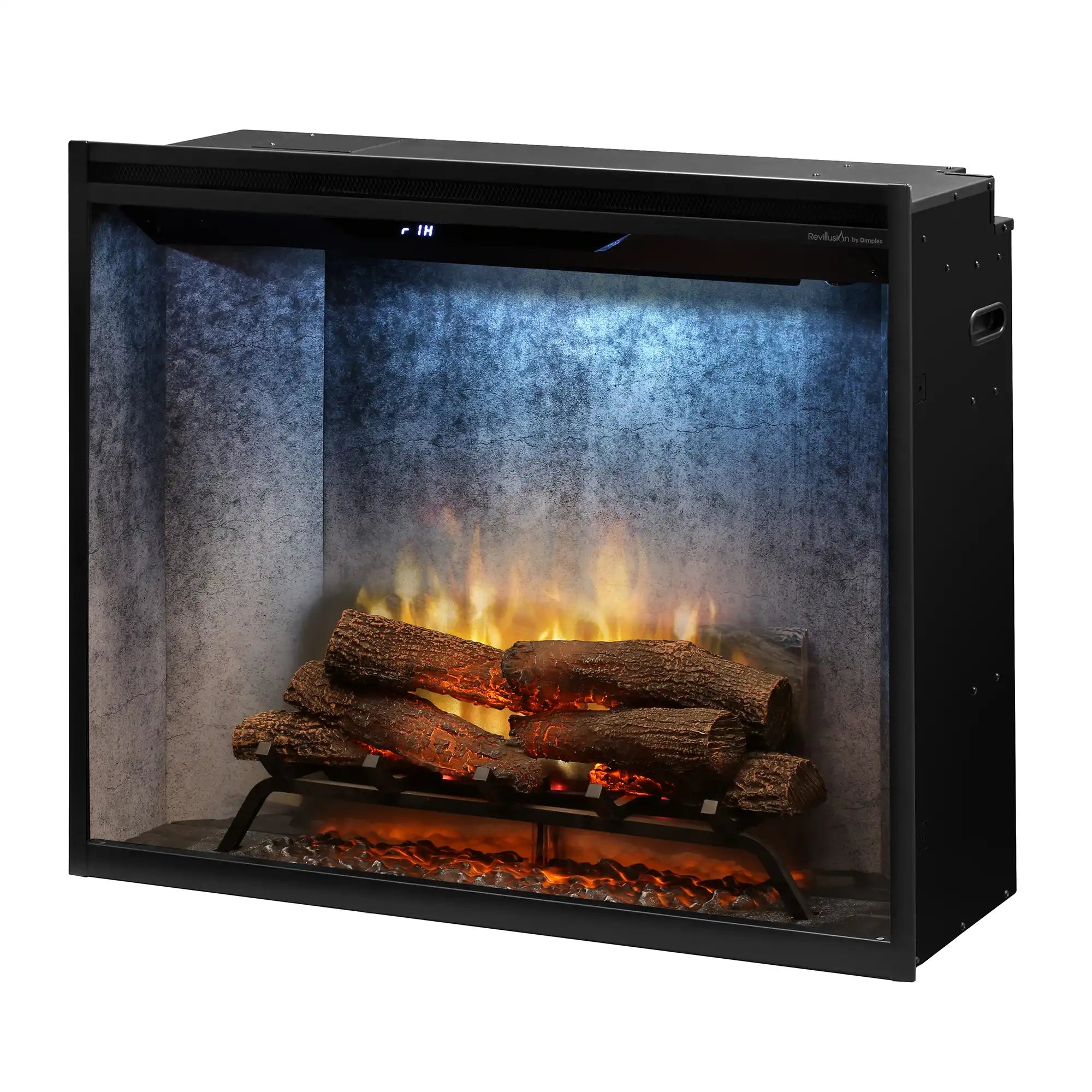 Black electric fireplace firebox with front glass showing glowing flames and logs