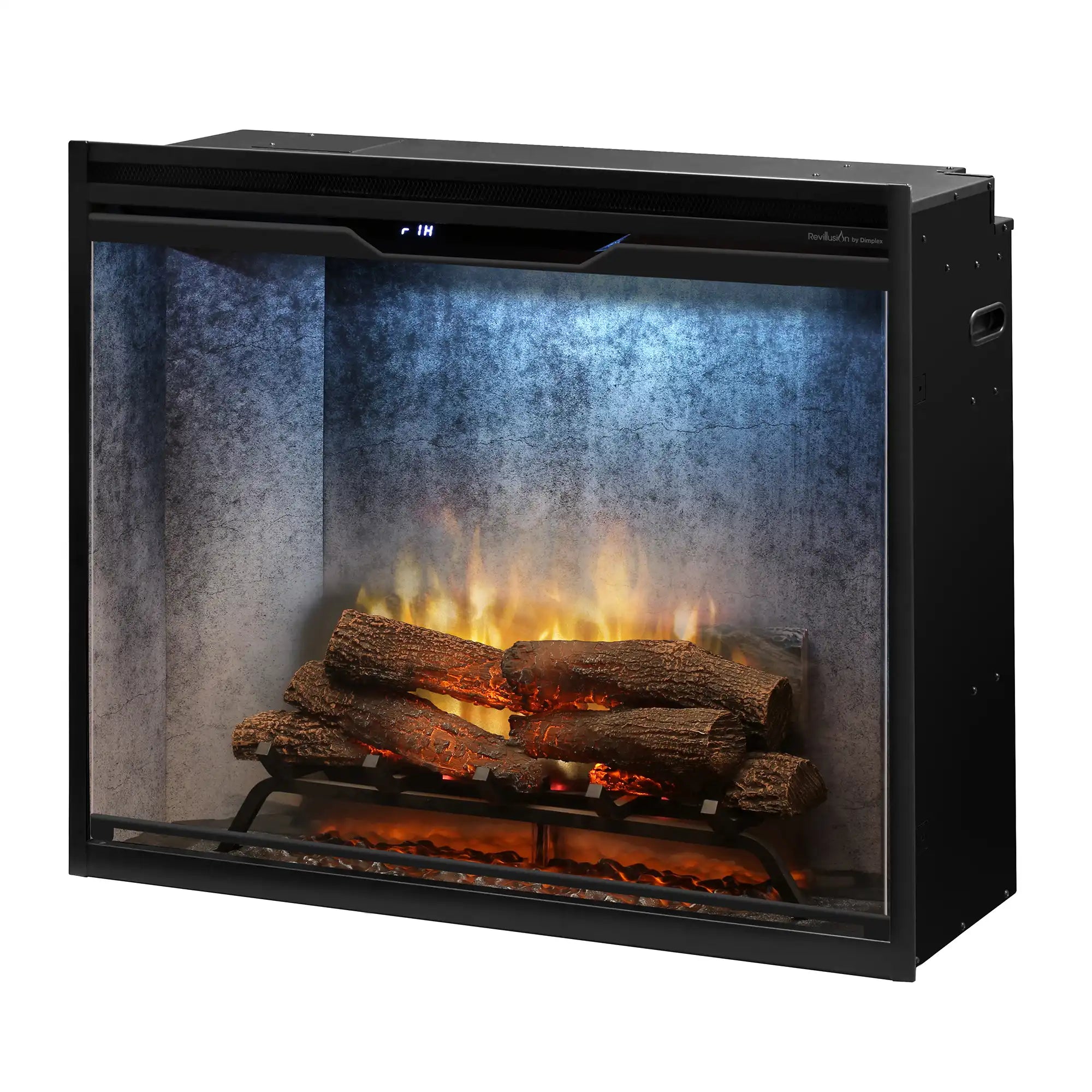 Black electric fireplace insert with front glass, flames and ember bed effect