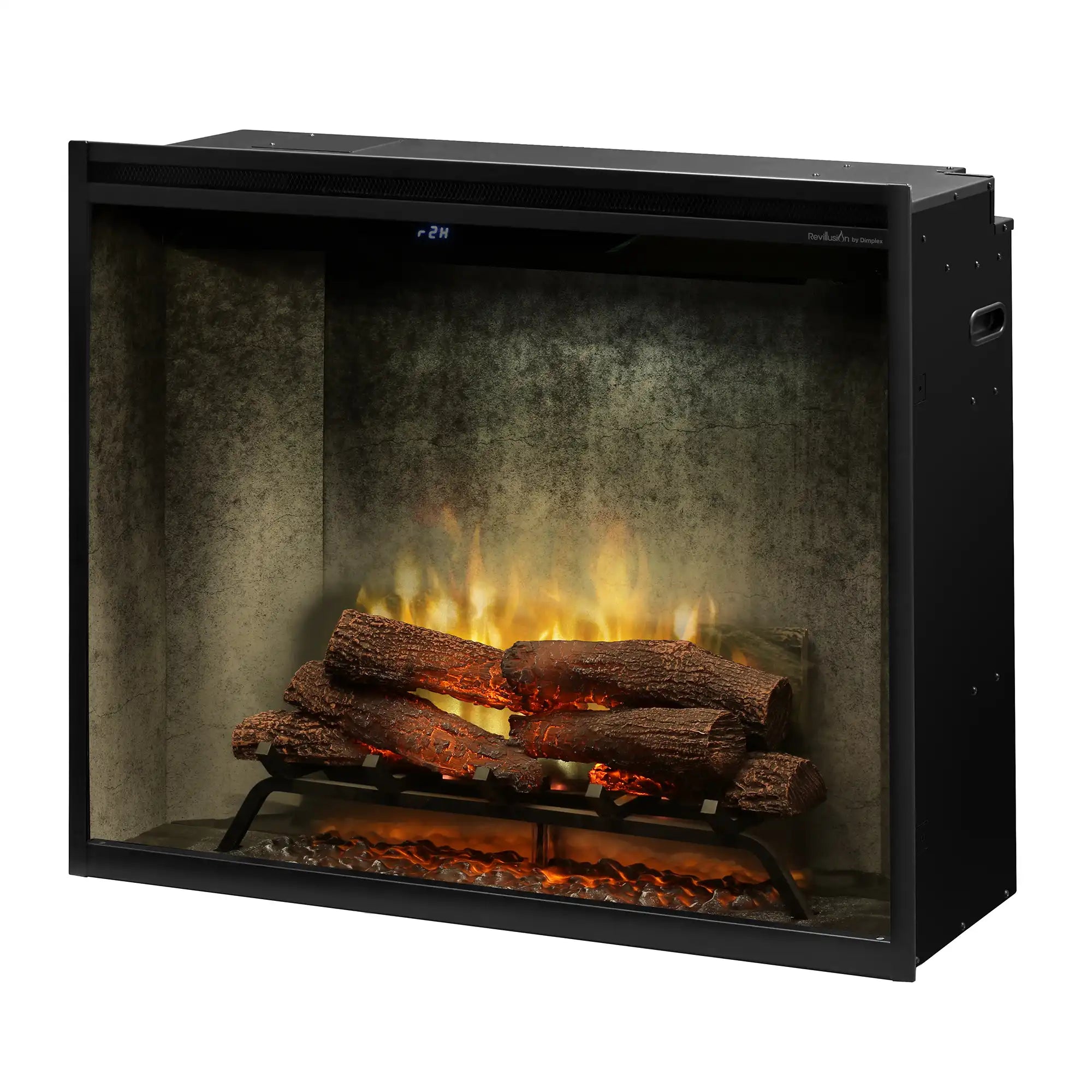 Black built-in electric firebox with front glass, burning logs and embers