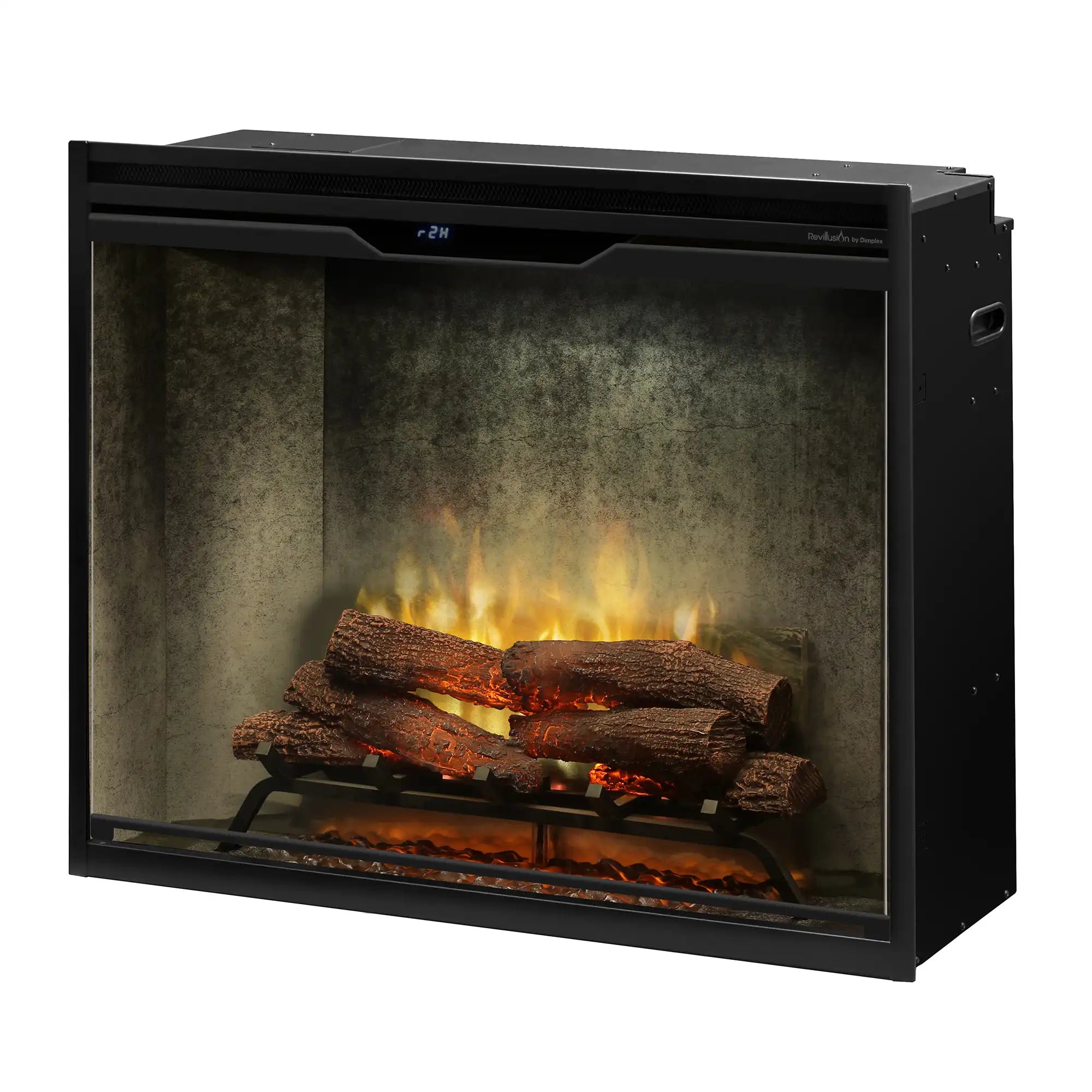 Black electric fireplace insert with front glass and realistic flame-and-log scene