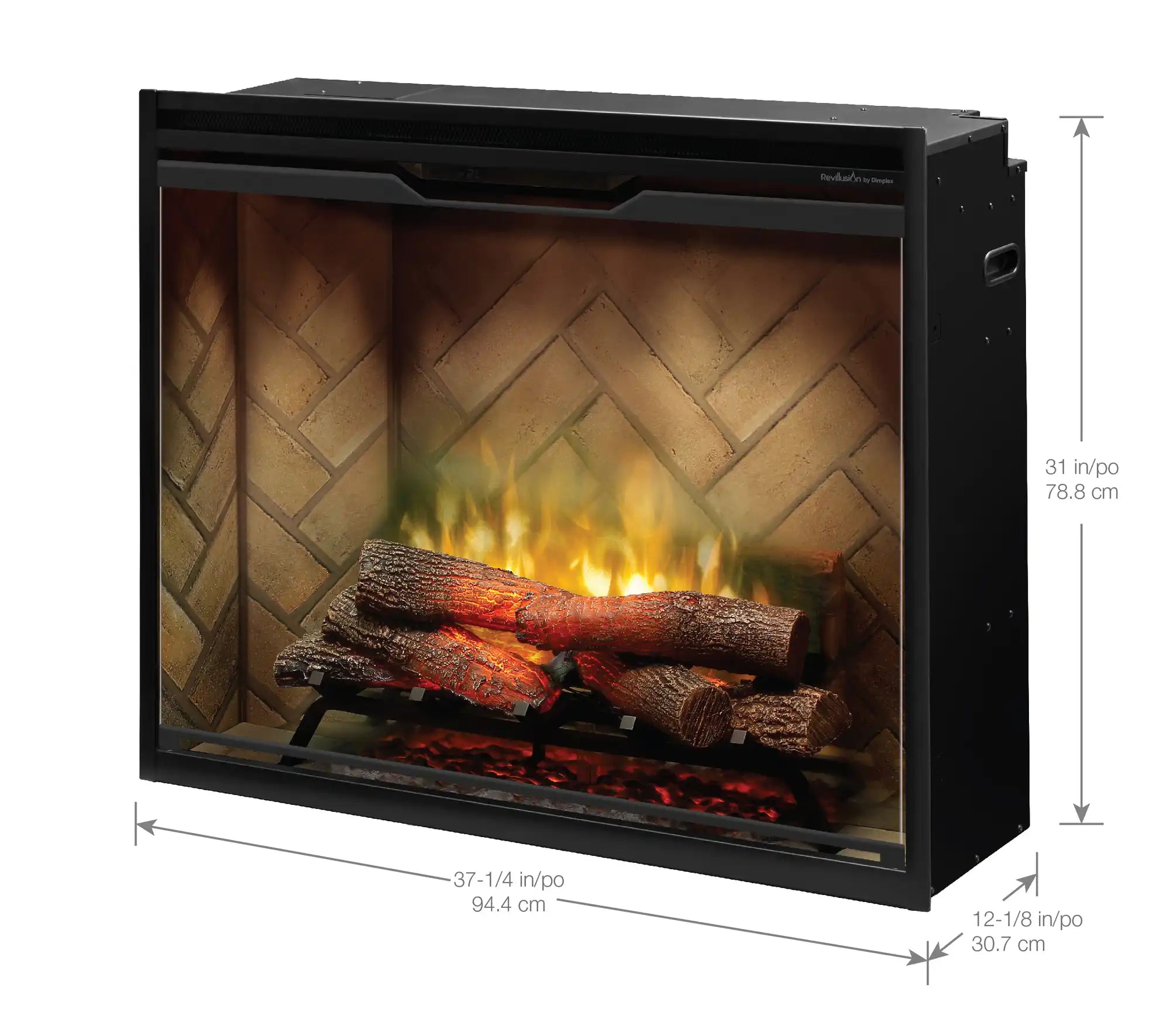 Black electric firebox with front glass and glowing flame log display