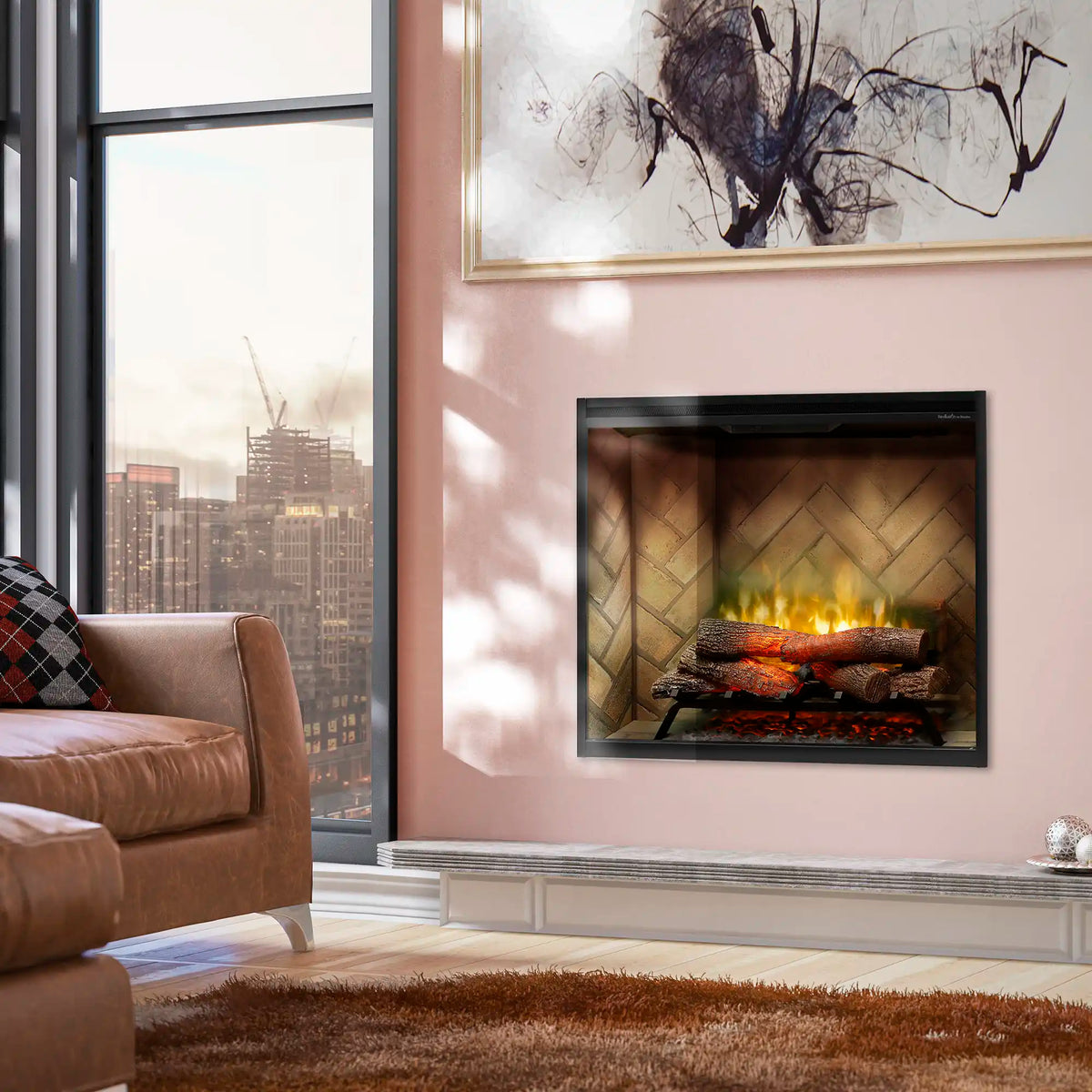 Electric fireplace insert with front glass and flame display on wall