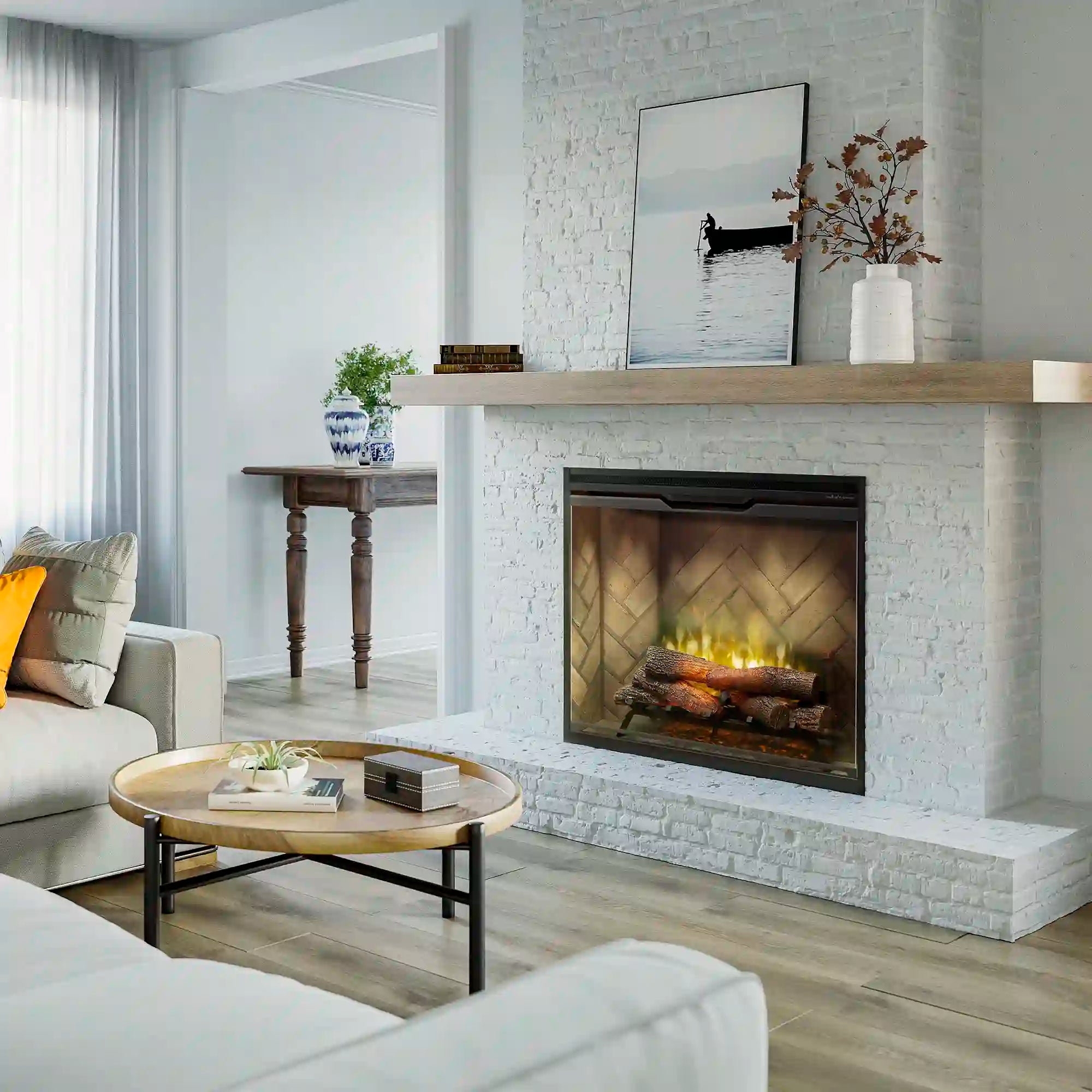 Fireplace insert with front glass and flame log view