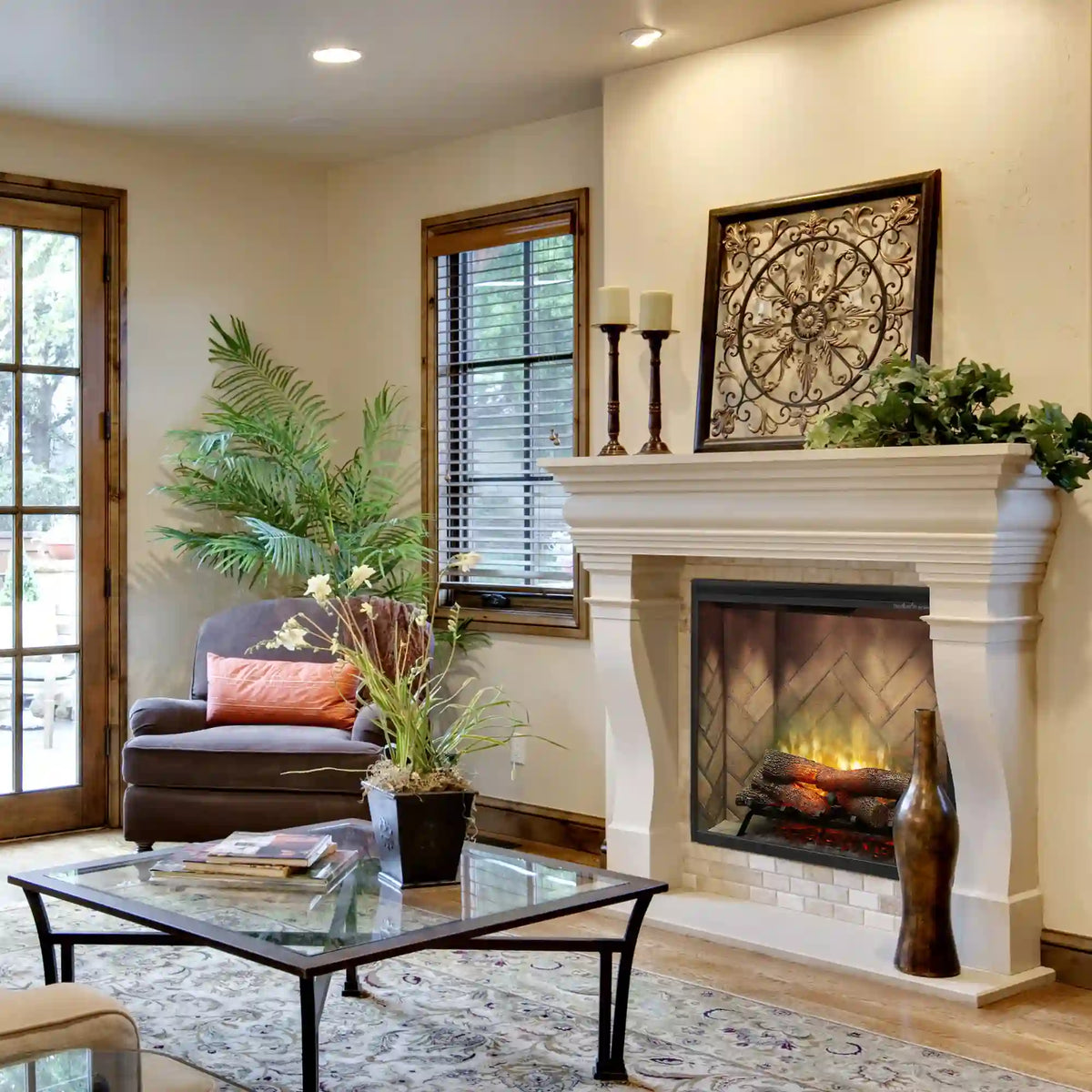 Built-in fireplace insert with front glass and burning log flames