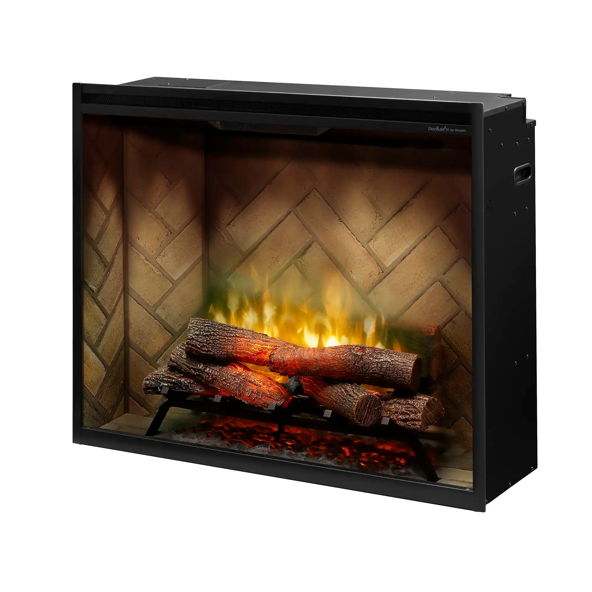 Black electric firebox with front glass and glowing log flame display