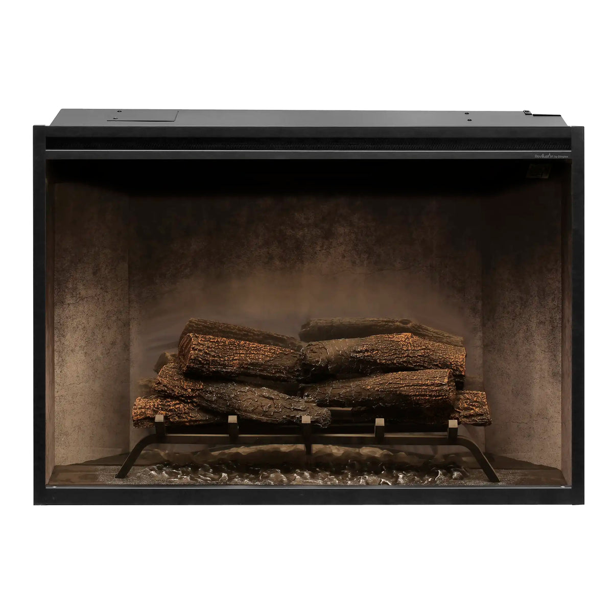 Built-in electric firebox insert with front opening and simulated burning wood logs