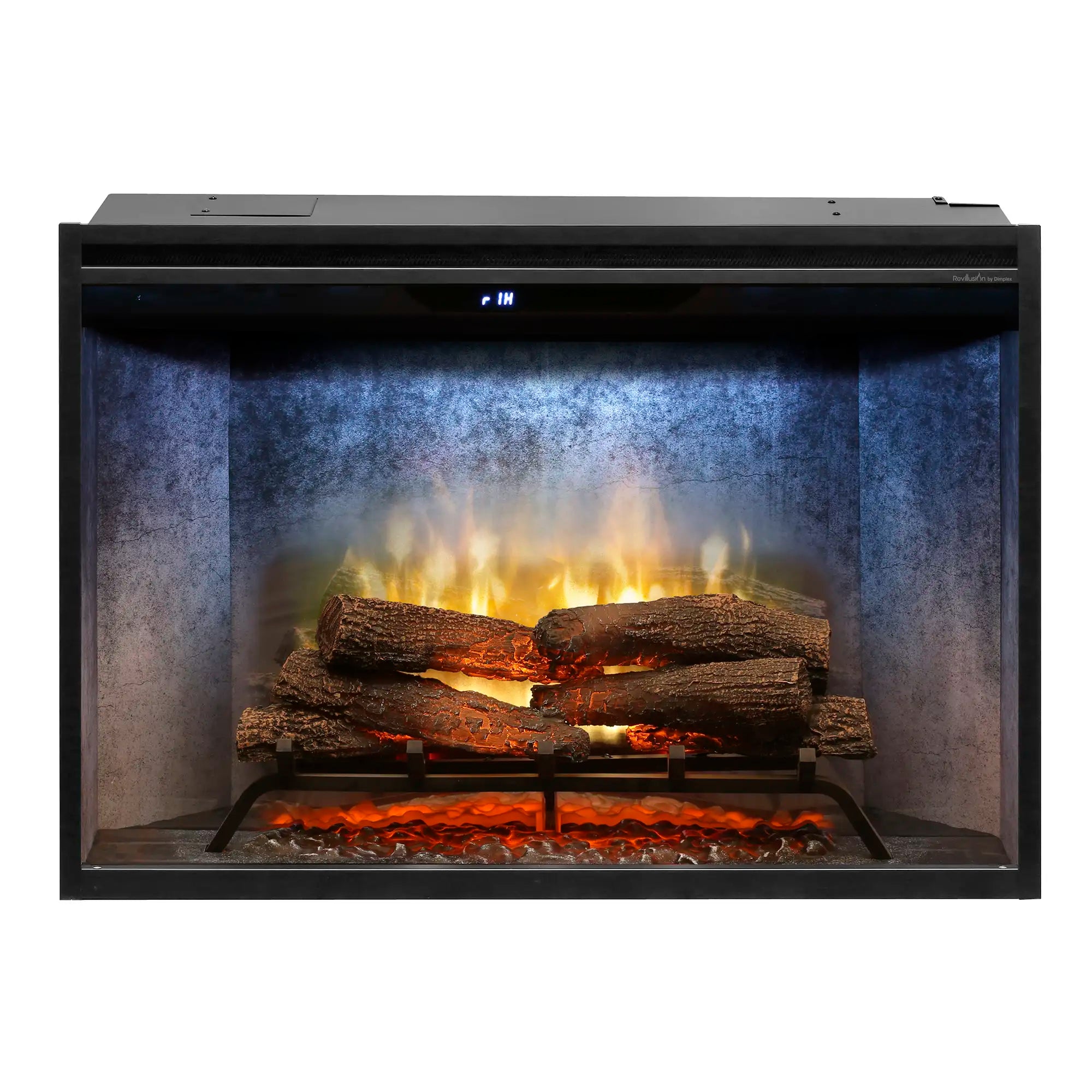 Black built-in electric firebox with front glass, glowing flames and stacked log set